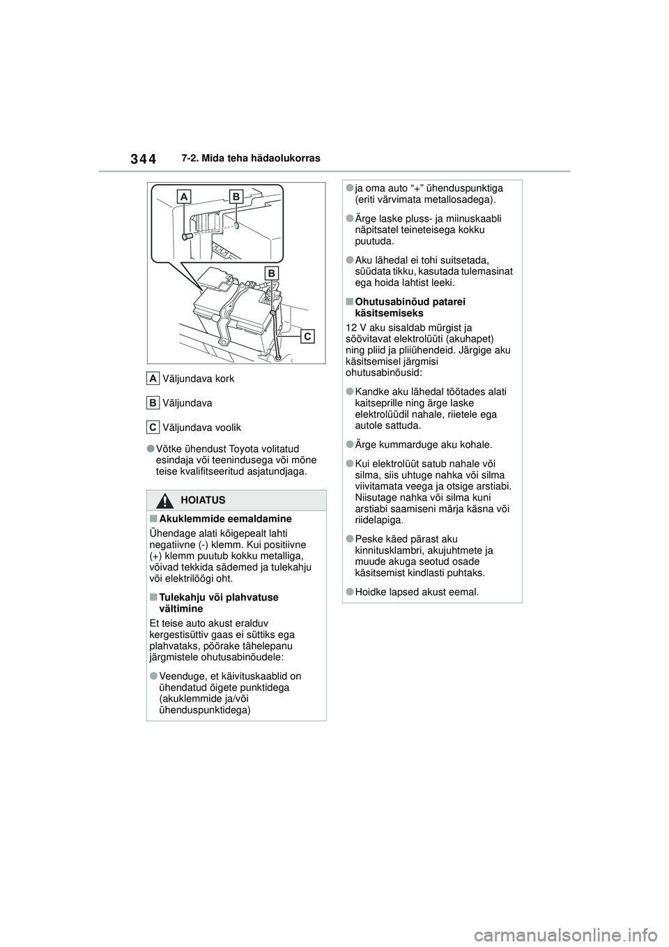 TOYOTA GR YARIS 2020  Kasutusjuhend (in Estonian) 344
YARIS(GR) Owners Manual_Europe_M52L09_EE
7-2. Mida teha hädaolukorras
Väljundava kork
Väljundava
Väljundava voolik
●Võtke ühendust Toyota volitatud 
esindaja või teenindusega või mõne 