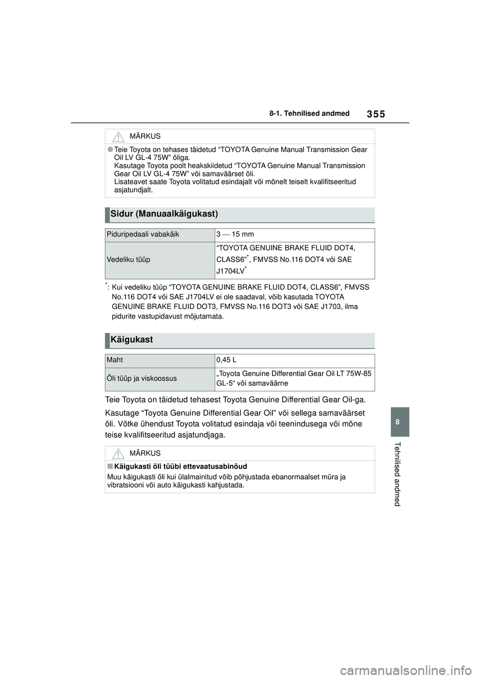 TOYOTA GR YARIS 2020  Kasutusjuhend (in Estonian) 355
8
YARIS(GR) Owners Manual_Europe_M52L09_EE
8-1. Tehnilised andmed
Tehnilised andmed
*: Kui vedeliku tüüp “TOYOTA GENUINE BRAKE FLUID DOT4, CLASS6”, FMVSS No.116 DOT4 või SAE J1704LV ei ole
