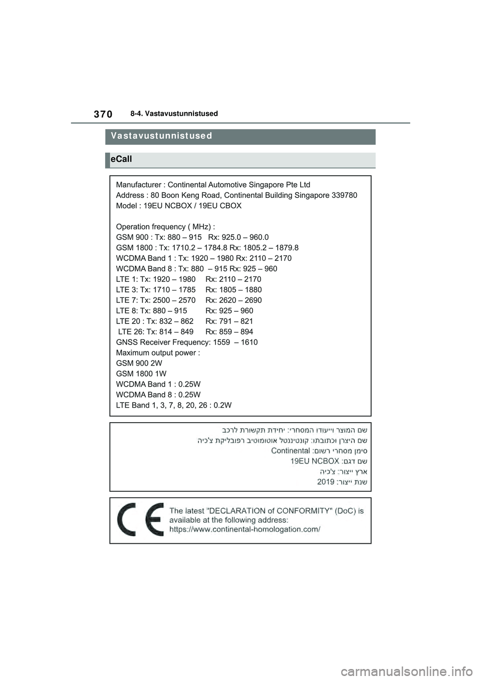 TOYOTA GR YARIS 2020  Kasutusjuhend (in Estonian) 370
YARIS(GR) Owners Manual_Europe_M52L09_EE
8-4. Vastavustunnistused
8 -4 .Va s ta v ustunni stus e d
Vastavustunnistused
eCall
YARIS_GR_OM_Europe_OM52L09EE.book  Page 370  Sunday, December 20, 2020