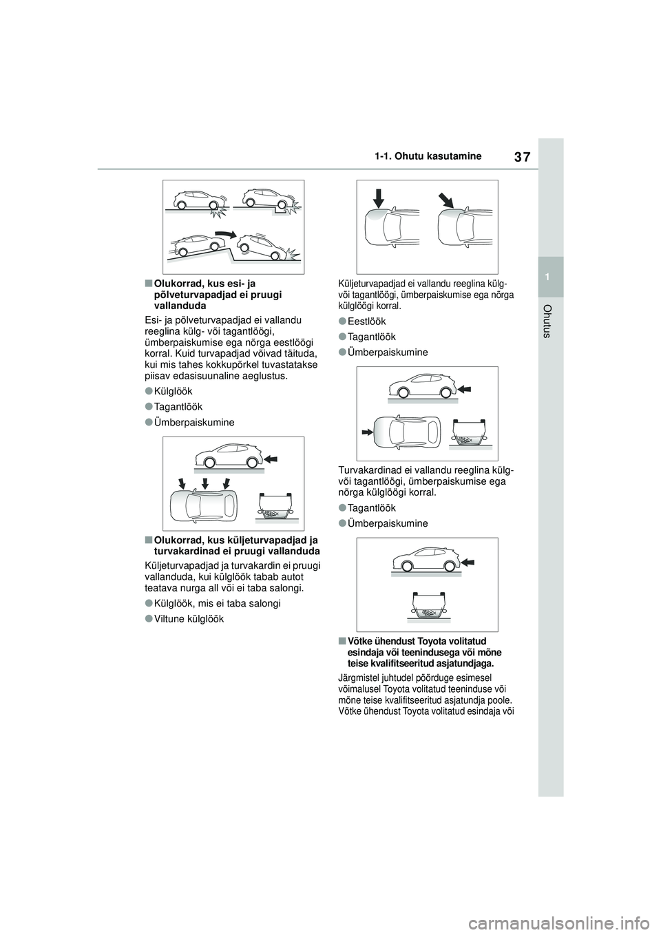 TOYOTA GR YARIS 2020  Kasutusjuhend (in Estonian) 37
1
YARIS(GR) Owners Manual_Europe_M52L09_EE
1-1. Ohutu kasutamine
Ohutus
■Olukorrad, kus esi- ja 
põlveturvapadjad ei pruugi 
vallanduda
Esi- ja põlveturvapadjad ei vallandu 
reeglina külg- v