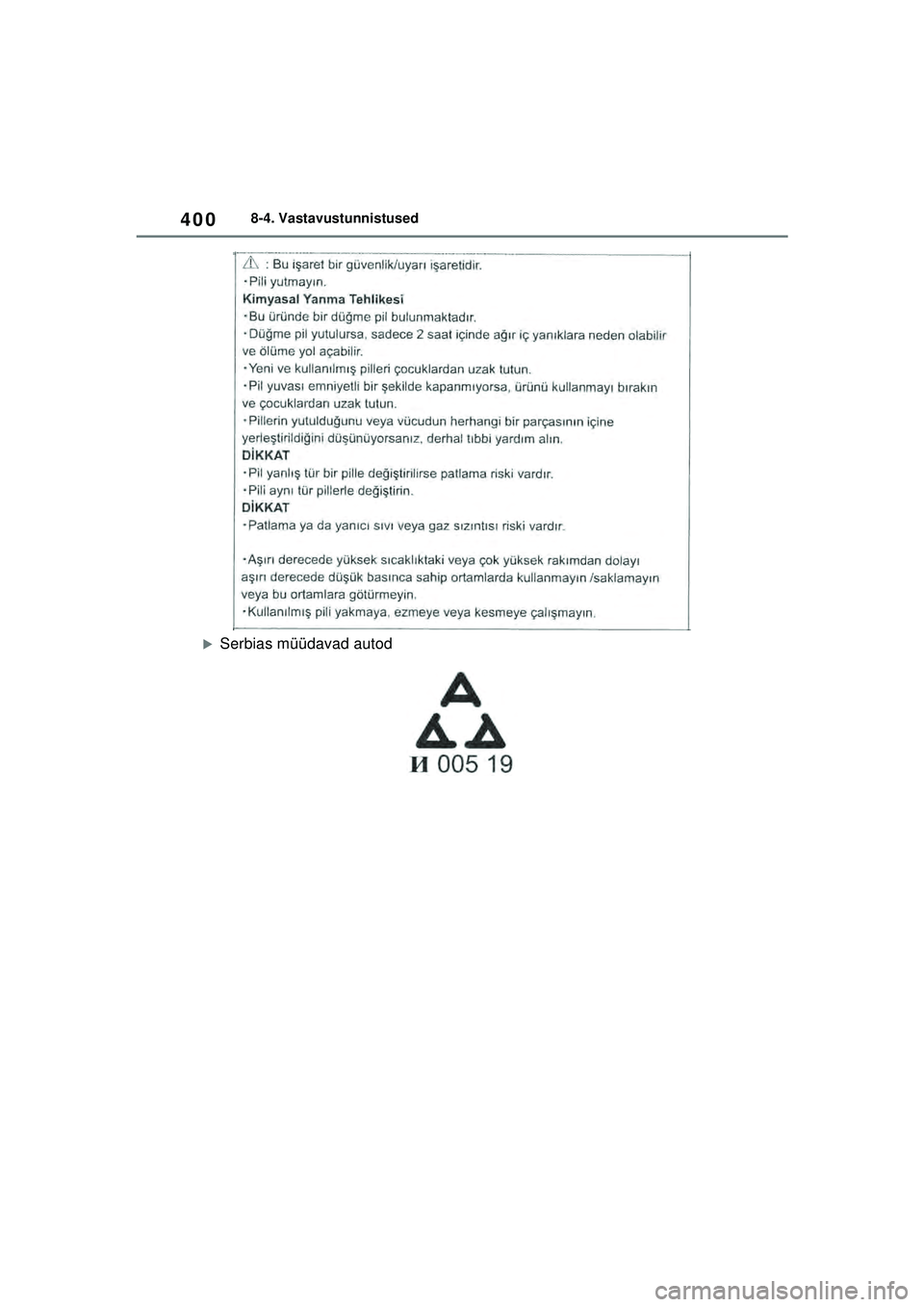 TOYOTA GR YARIS 2020  Kasutusjuhend (in Estonian) 400
YARIS(GR) Owners Manual_Europe_M52L09_EE
8-4. Vastavustunnistused
�XSerbias müüdavad autod
YARIS_GR_OM_Europe_OM52L09EE.book  Page 400  Sunday, December 20, 2020  9:58 AM 