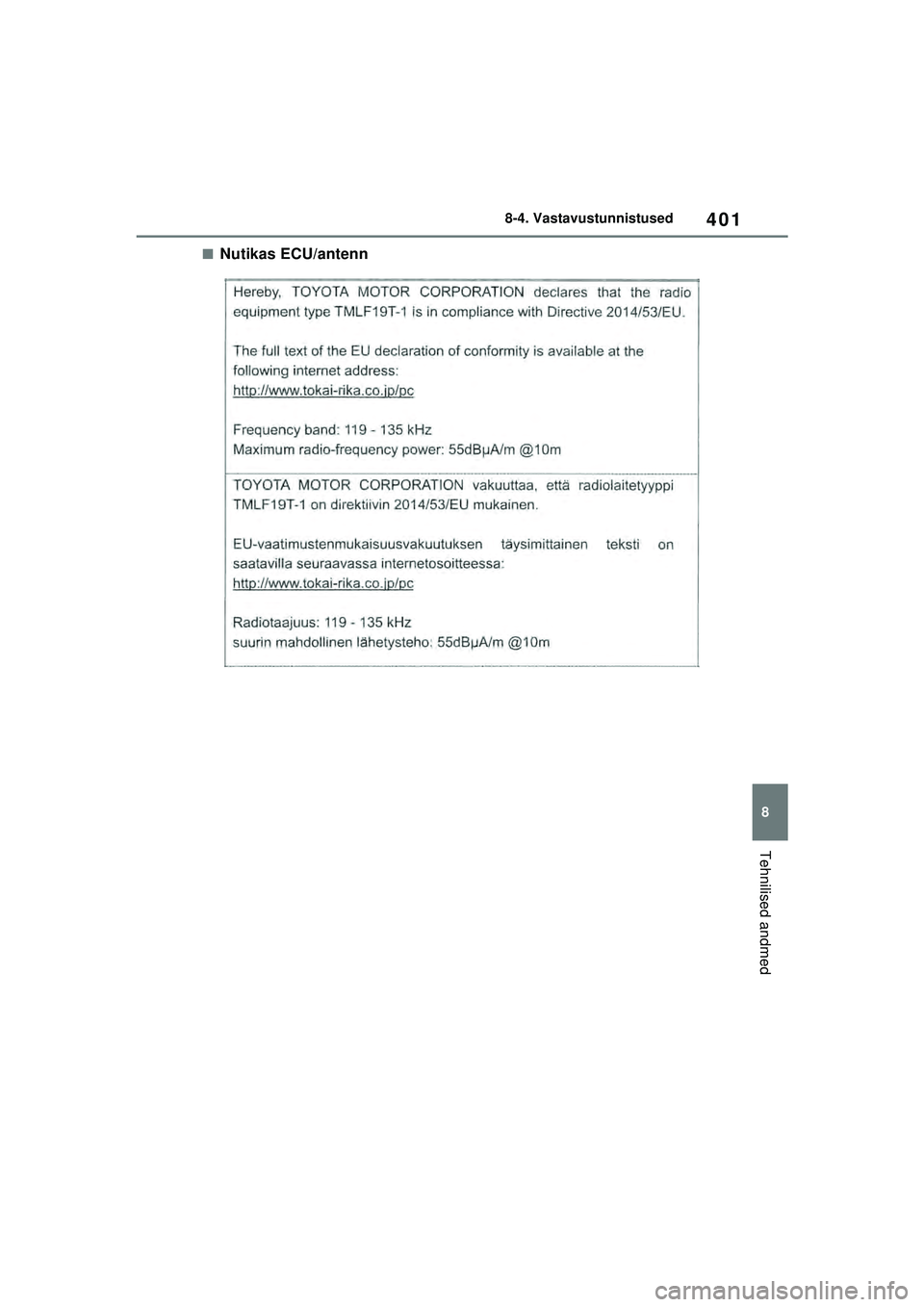 TOYOTA GR YARIS 2020  Kasutusjuhend (in Estonian) 401
8
YARIS(GR) Owners Manual_Europe_M52L09_EE
8-4. Vastavustunnistused
Tehnilised andmed
■Nutikas ECU/antenn
YARIS_GR_OM_Europe_OM52L09EE.book  Page 401  Sunday, December 20, 2020  9:58 AM 