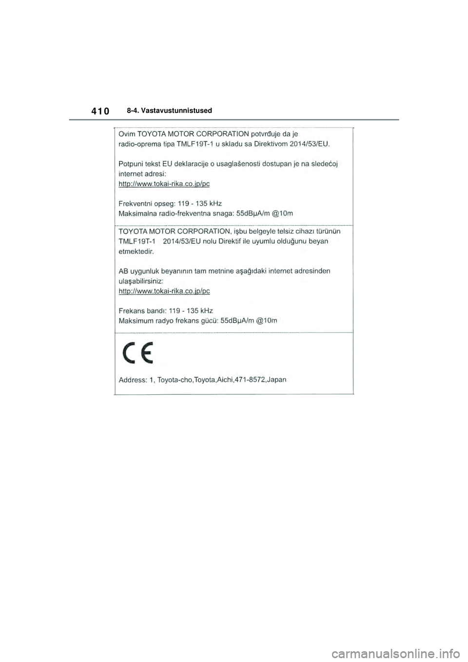 TOYOTA GR YARIS 2020  Kasutusjuhend (in Estonian) 410
YARIS(GR) Owners Manual_Europe_M52L09_EE
8-4. Vastavustunnistused
YARIS_GR_OM_Europe_OM52L09EE.book  Page 410  Sunday, December 20, 2020  9:58 AM 