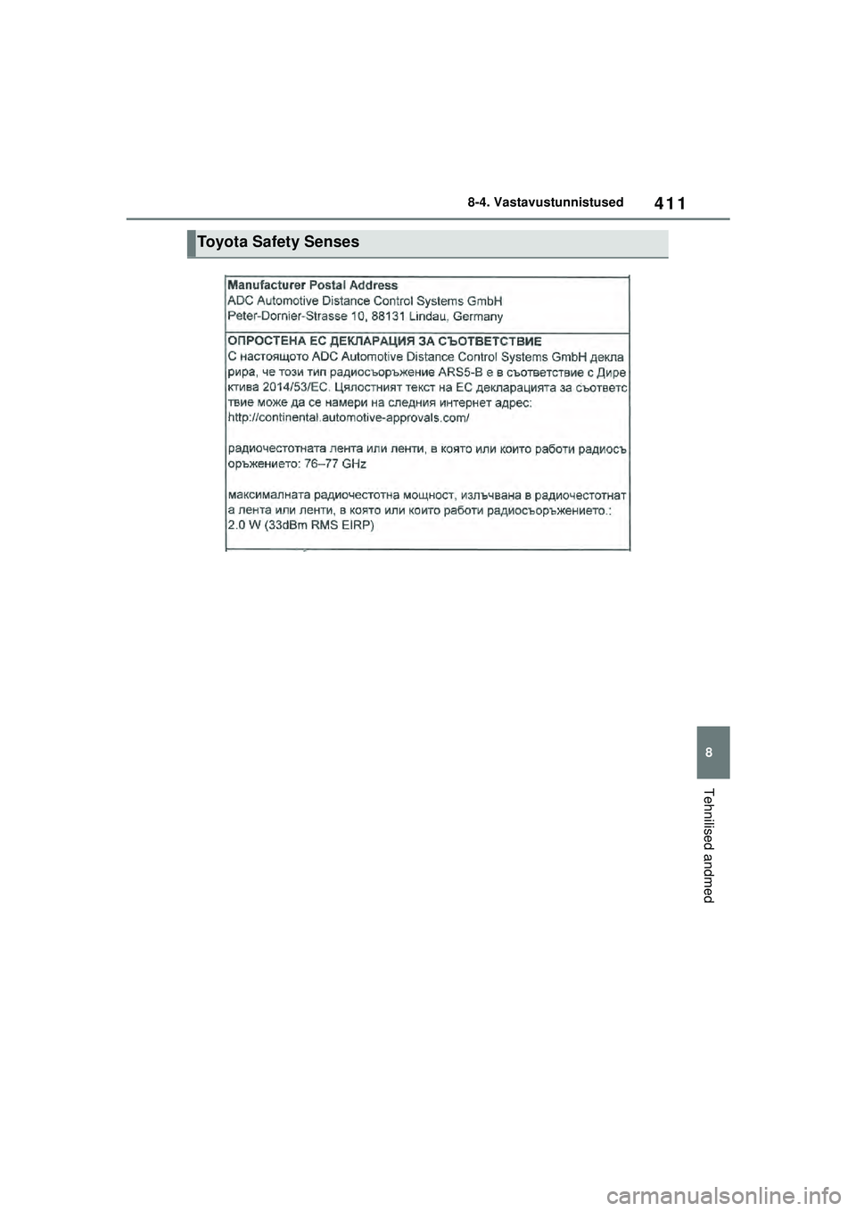 TOYOTA GR YARIS 2020  Kasutusjuhend (in Estonian) 411
8
YARIS(GR) Owners Manual_Europe_M52L09_EE
8-4. Vastavustunnistused
Tehnilised andmed
Toyota Safety Senses
YARIS_GR_OM_Europe_OM52L09EE.book  Page 411  Sunday, December 20, 2020  9:58 AM 