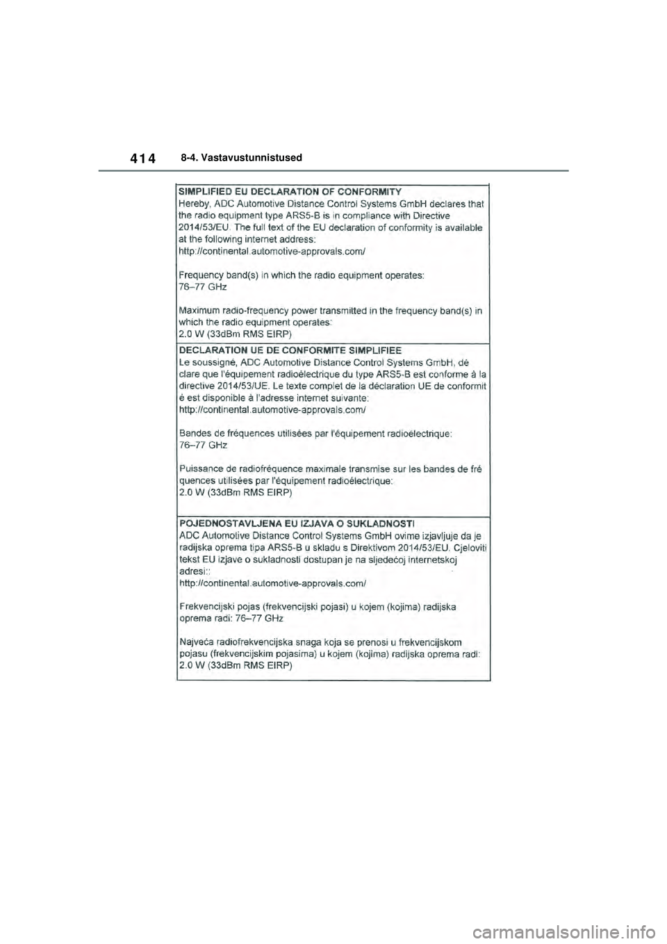 TOYOTA GR YARIS 2020  Kasutusjuhend (in Estonian) 414
YARIS(GR) Owners Manual_Europe_M52L09_EE
8-4. Vastavustunnistused
YARIS_GR_OM_Europe_OM52L09EE.book  Page 414  Sunday, December 20, 2020  9:58 AM 