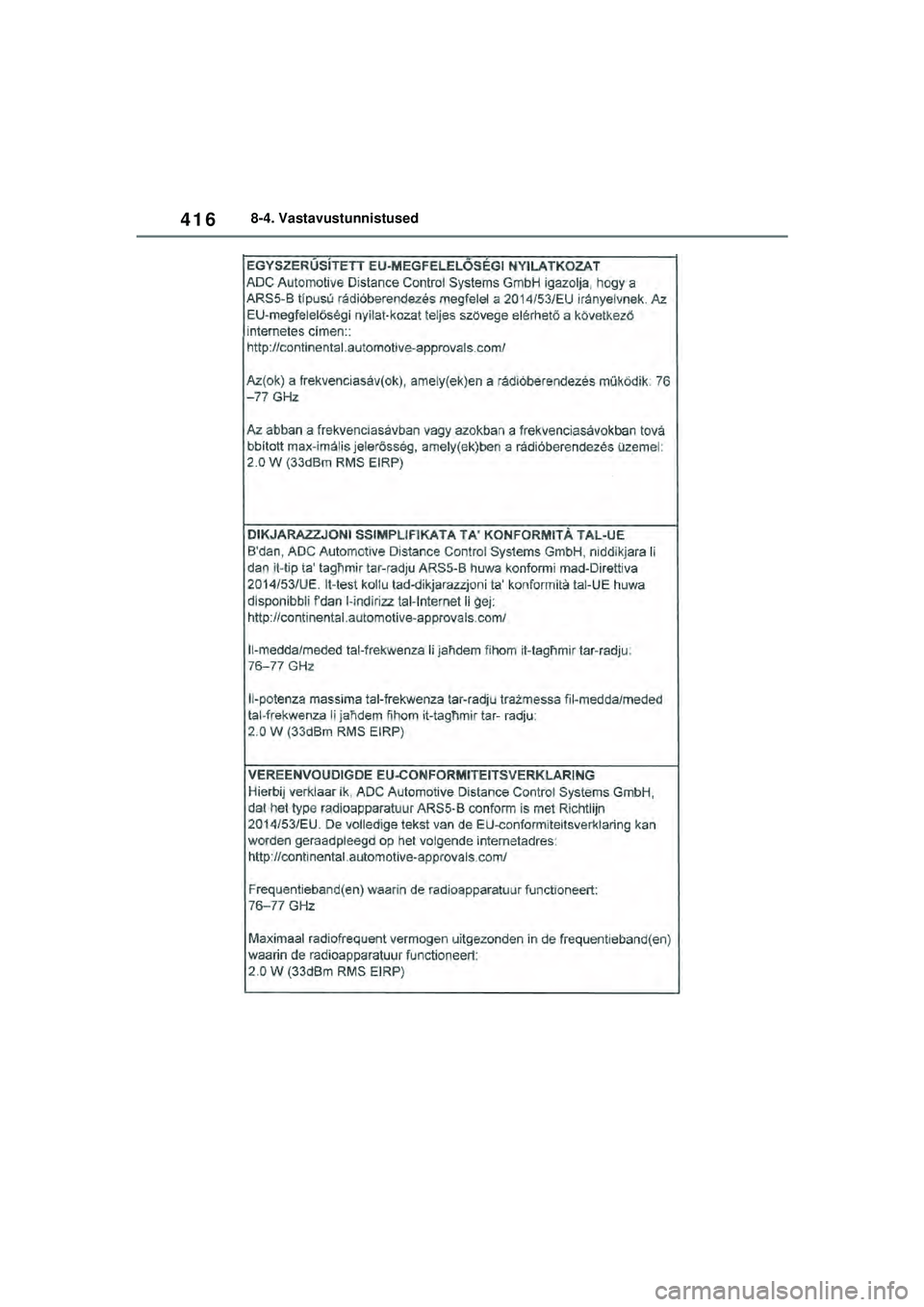 TOYOTA GR YARIS 2020  Kasutusjuhend (in Estonian) 416
YARIS(GR) Owners Manual_Europe_M52L09_EE
8-4. Vastavustunnistused
YARIS_GR_OM_Europe_OM52L09EE.book  Page 416  Sunday, December 20, 2020  9:58 AM 