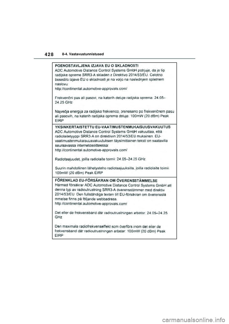 TOYOTA GR YARIS 2020  Kasutusjuhend (in Estonian) 428
YARIS(GR) Owners Manual_Europe_M52L09_EE
8-4. Vastavustunnistused
YARIS_GR_OM_Europe_OM52L09EE.book  Page 428  Sunday, December 20, 2020  9:58 AM 