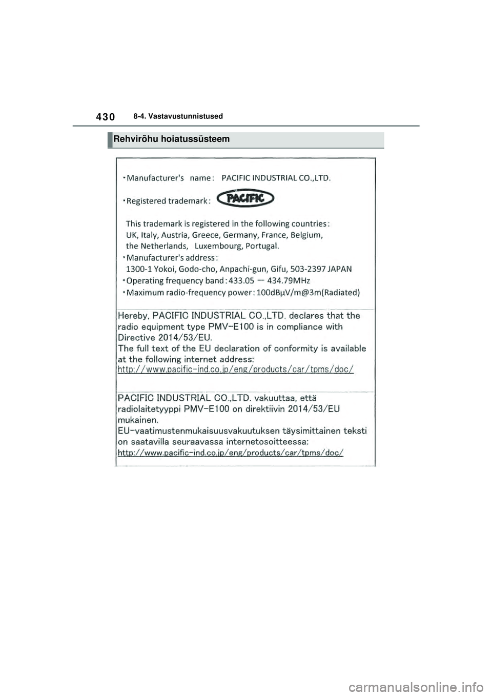 TOYOTA GR YARIS 2020  Kasutusjuhend (in Estonian) 430
YARIS(GR) Owners Manual_Europe_M52L09_EE
8-4. Vastavustunnistused
Rehvirõhu hoiatussüsteem
YARIS_GR_OM_Europe_OM52L09EE.book  Page 430  Sunday, December 20, 2020  9:58 AM 