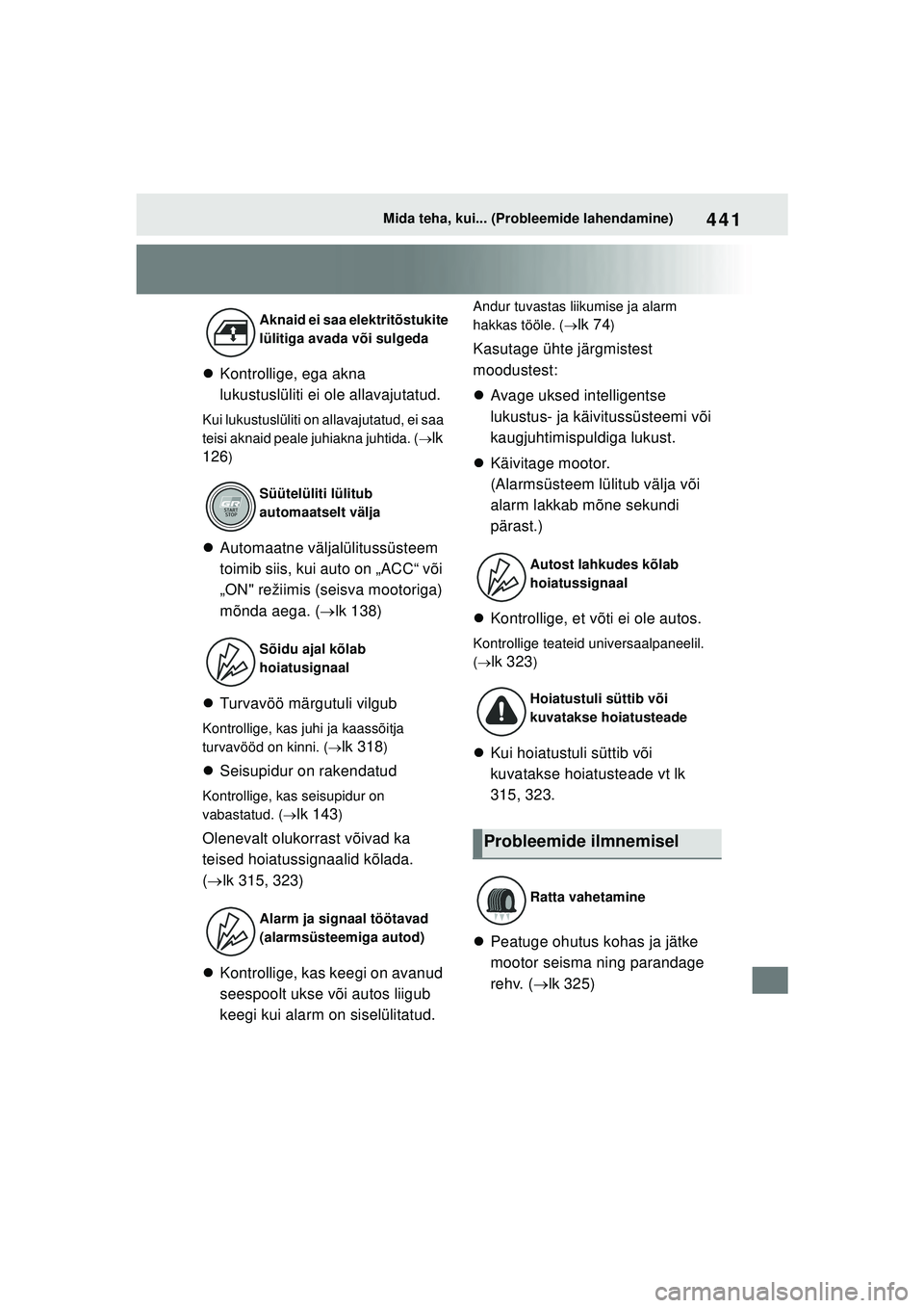 TOYOTA GR YARIS 2020 Kasutusjuhend (in Estonian) 441
YARIS(GR) Owners Manual_Europe_M52L09_EE
Mida teha, kui... (Probleemide lahendamine)
Kontrollige, ega akna
lukustuslüliti ei ole allavajutatud.
Kui lukustuslüliti on allavajutatud, ei saa
TOYOTA GR YARIS 2020 Kasutusjuhend (in Estonian) 441
YARIS(GR) Owners Manual_Europe_M52L09_EE
Mida teha, kui... (Probleemide lahendamine)
Kontrollige, ega akna
lukustuslüliti ei ole allavajutatud.
Kui lukustuslüliti on allavajutatud, ei saa