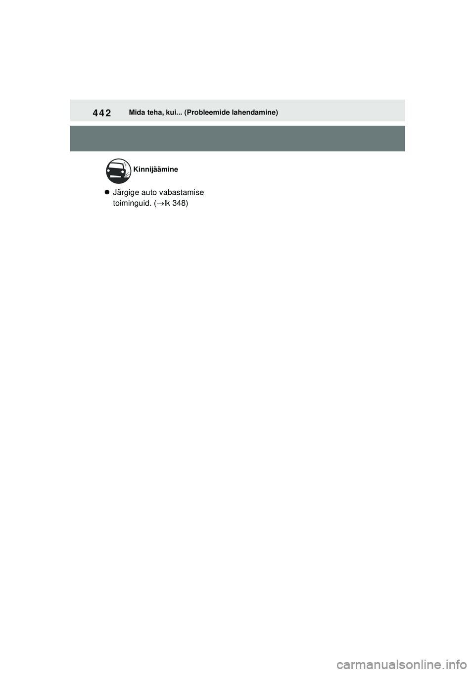 TOYOTA GR YARIS 2020 Kasutusjuhend (in Estonian) 442
YARIS(GR) Owners Manual_Europe_M52L09_EE
Mida teha, kui... (Probleemide lahendamine)
Järgige auto vabastamise
toiminguid. ( lk 348)
Kinnijäämine
YARIS_GR_OM_Europe_OM52L09EE.book Page TOYOTA GR YARIS 2020 Kasutusjuhend (in Estonian) 442
YARIS(GR) Owners Manual_Europe_M52L09_EE
Mida teha, kui... (Probleemide lahendamine)
Järgige auto vabastamise
toiminguid. ( lk 348)
Kinnijäämine
YARIS_GR_OM_Europe_OM52L09EE.book Page