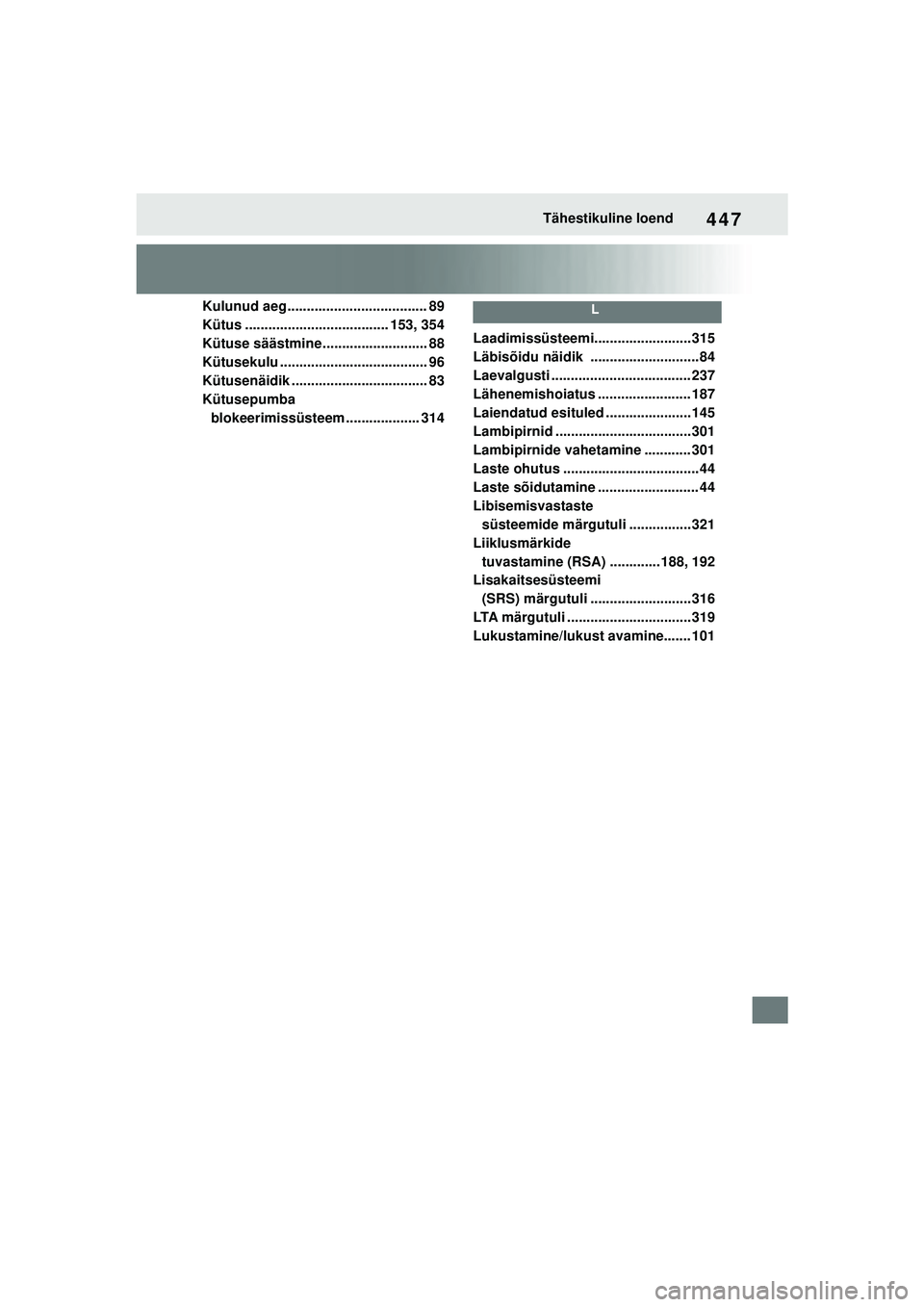 TOYOTA GR YARIS 2020 Kasutusjuhend (in Estonian) 447
YARIS(GR) Owners Manual_Europe_M52L09_EE
Tähestikuline loend
Kulunud aeg.................................... 89
Kütus ..................................... 153, 354
Kütuse säästmine......... TOYOTA GR YARIS 2020 Kasutusjuhend (in Estonian) 447
YARIS(GR) Owners Manual_Europe_M52L09_EE
Tähestikuline loend
Kulunud aeg.................................... 89
Kütus ..................................... 153, 354
Kütuse säästmine.........