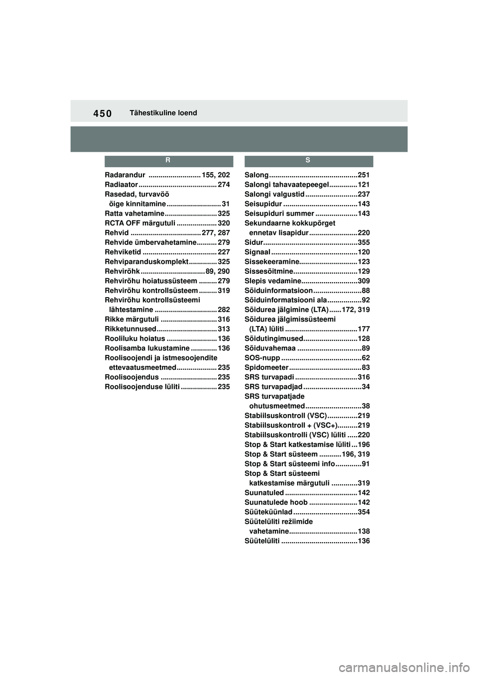 TOYOTA GR YARIS 2020 Kasutusjuhend (in Estonian) 450
YARIS(GR) Owners Manual_Europe_M52L09_EE
Tähestikuline loend
R
Radarandur .......................... 155, 202
Radiaator ....................................... 274
Rasedad, turvavöö õige kinn TOYOTA GR YARIS 2020 Kasutusjuhend (in Estonian) 450
YARIS(GR) Owners Manual_Europe_M52L09_EE
Tähestikuline loend
R
Radarandur .......................... 155, 202
Radiaator ....................................... 274
Rasedad, turvavöö õige kinn