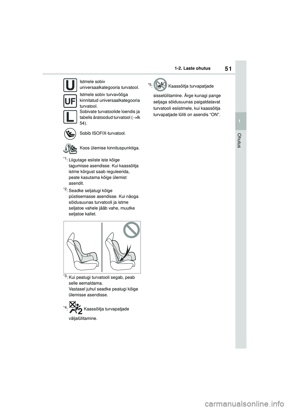 TOYOTA GR YARIS 2020  Kasutusjuhend (in Estonian) 51
1
YARIS(GR) Owners Manual_Europe_M52L09_EE
1-2. Laste ohutus
Ohutus
*1: Liigutage esiiste iste kõige tagumisse asendisse. Kui kaassõitja 
istme kõrgust saab reguleerida, 
peate kasutama kõige 