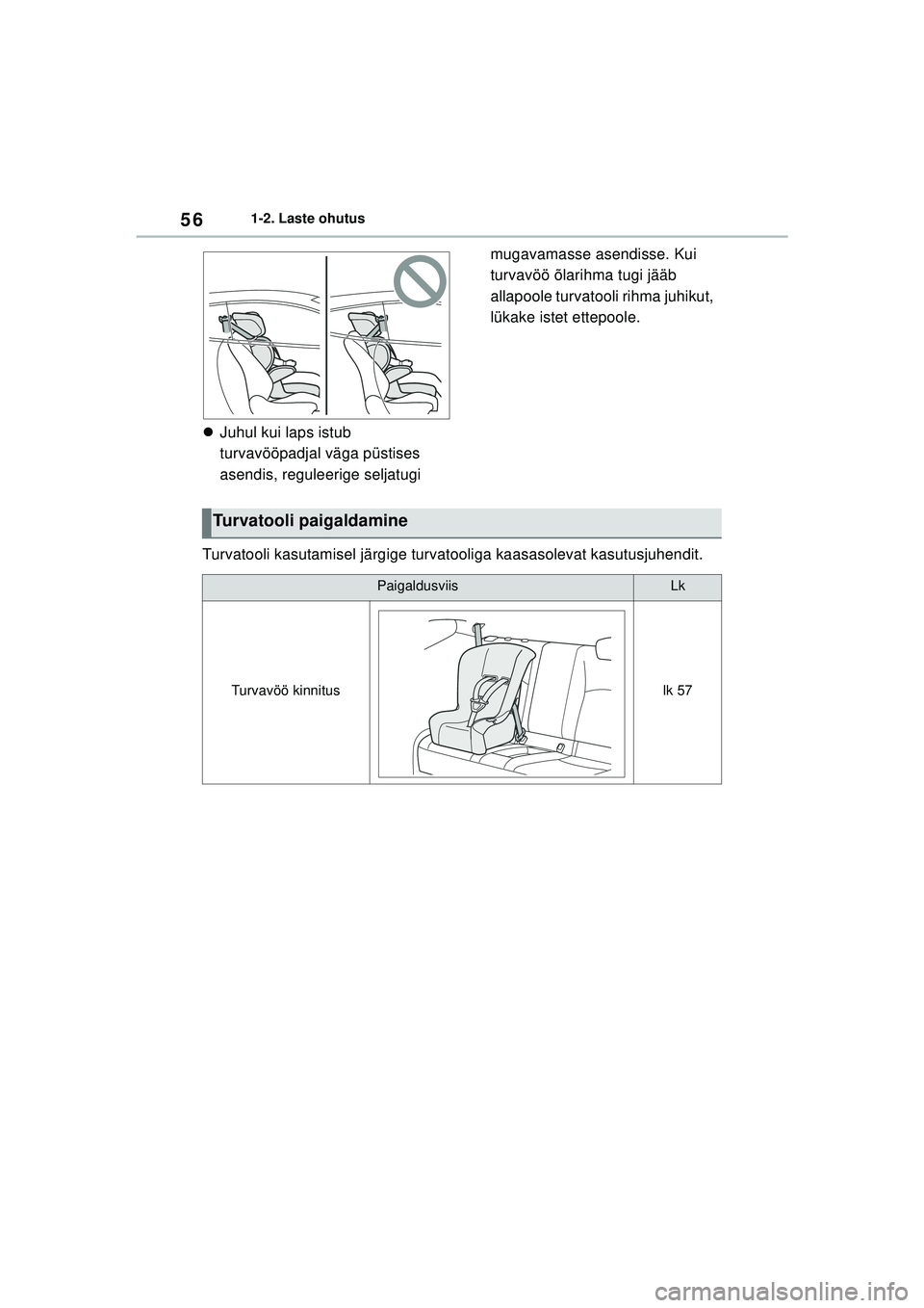 TOYOTA GR YARIS 2020  Kasutusjuhend (in Estonian) 56
YARIS(GR) Owners Manual_Europe_M52L09_EE
1-2. Laste ohutus
Juhul kui laps istub 
turvavööpadjal väga püstises 
asendis, reguleerige seljatugi  mugavamasse asendisse. Kui 
turvavöö õlarih