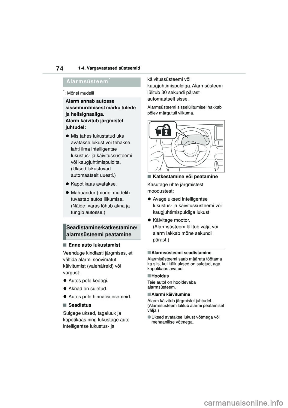 TOYOTA GR YARIS 2020  Kasutusjuhend (in Estonian) 74
YARIS(GR) Owners Manual_Europe_M52L09_EE
1-4. Vargavastased süsteemid
*: Mõnel mudelil
■Enne auto lukustamist
Veenduge kindlasti järgmises, et 
vältida alarmi soovimatut 
käivitumist (valeh