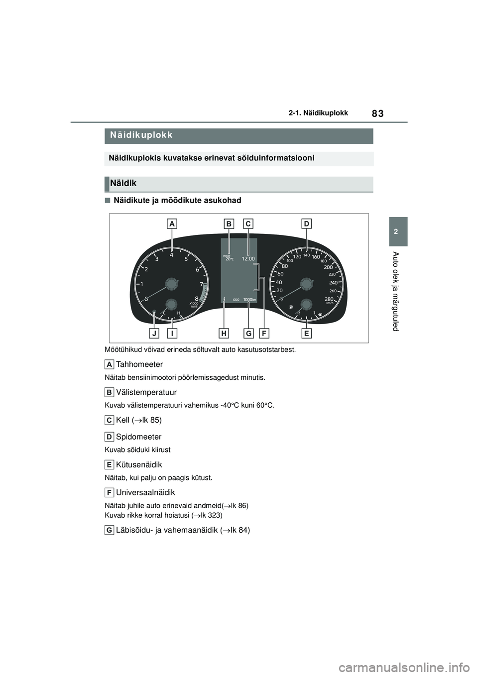 TOYOTA GR YARIS 2020  Kasutusjuhend (in Estonian) 83
2
YARIS(GR) Owners Manual_Europe_M52L09_EE
2-1. Näidikuplokk
Auto olek ja märgutuled
■Näidikute ja mõõdikute asukohad
Mõõtühikud võivad erineda sõltuvalt auto kasutusotstarbest.
Tahhom