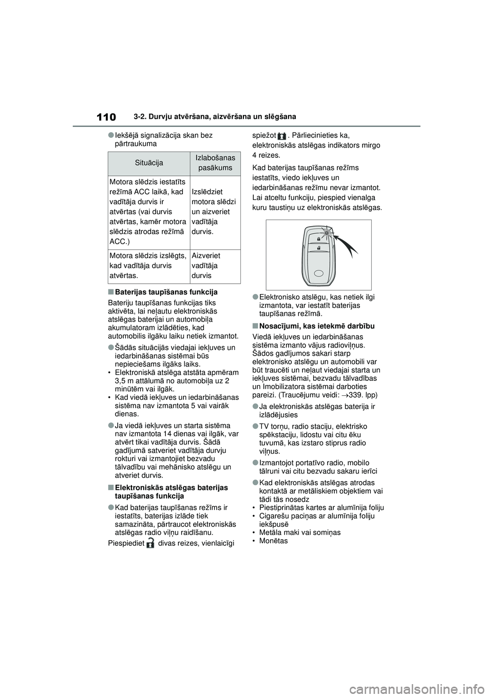 TOYOTA GR YARIS 2020 Lietošanas Instrukcija (in Latvian) 110
YARIS(GR) Owners Manual_Europe_M52L09_LV
3-2. Durvju atvēršana, aizvē ršana un slēgšana
●Iekš ējā signaliz ācija skan bez
p ārtraukuma
■Baterijas taupī šanas funkcija
Bateriju TOYOTA GR YARIS 2020 Lietošanas Instrukcija (in Latvian) 110
YARIS(GR) Owners Manual_Europe_M52L09_LV
3-2. Durvju atvēršana, aizvē ršana un slēgšana
●Iekš ējā signaliz ācija skan bez
p ārtraukuma
■Baterijas taupī šanas funkcija
Bateriju