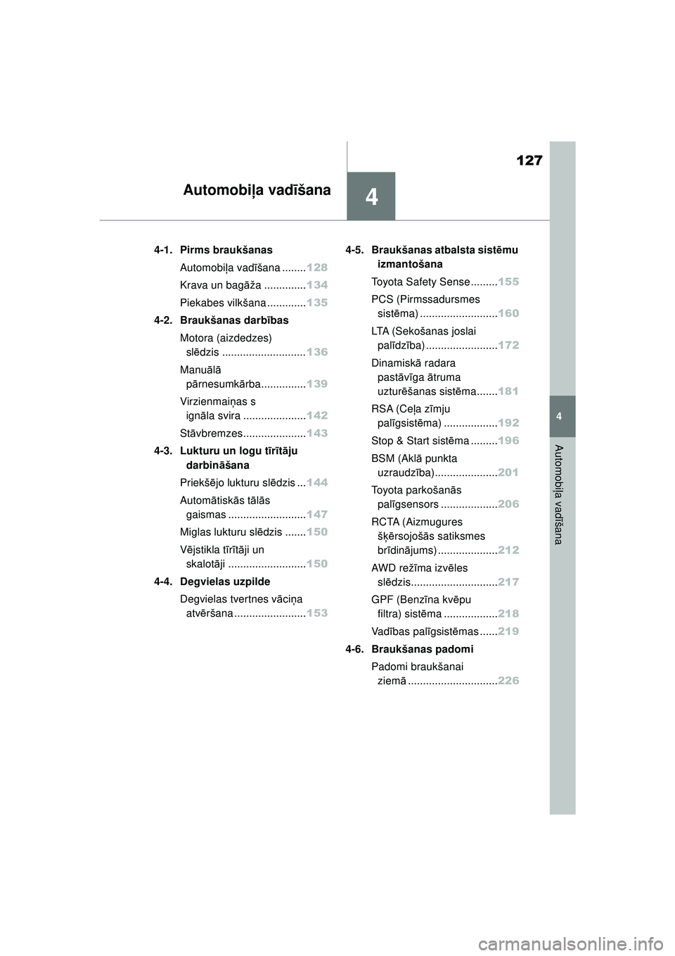 TOYOTA GR YARIS 2020 Lietošanas Instrukcija (in Latvian) 4
127
YARIS(GR) Owners Manual_Europe_M52L09_LV
4
Automobiļa vadī šana
Automobi ļa vadīšana
4-1. Pirms braukšanas
Automobi ļa vadī šana ........ 128
Krava un bag āža .............. 134
Pie TOYOTA GR YARIS 2020 Lietošanas Instrukcija (in Latvian) 4
127
YARIS(GR) Owners Manual_Europe_M52L09_LV
4
Automobiļa vadī šana
Automobi ļa vadīšana
4-1. Pirms braukšanas
Automobi ļa vadī šana ........ 128
Krava un bag āža .............. 134
Pie