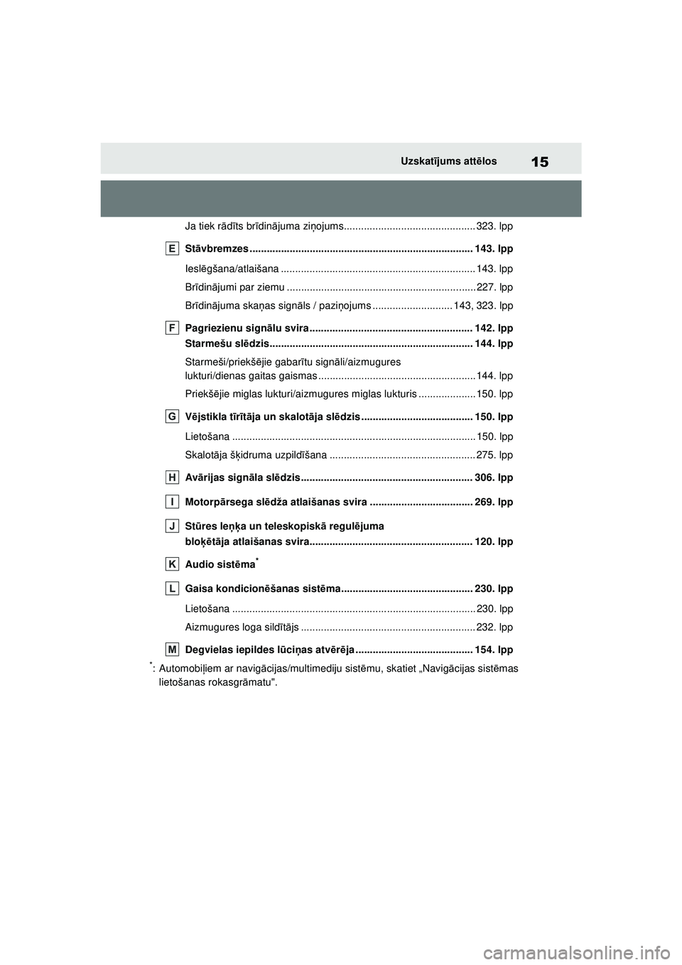 TOYOTA GR YARIS 2020 Lietošanas Instrukcija (in Latvian) 15
YARIS(GR) Owners Manual_Europe_M52L09_LV
Uzskatījums att ēlos
Ja tiek r ādīts br īdinā juma zi ņojums.............................................. 323. lpp
St āvbremzes .................. TOYOTA GR YARIS 2020 Lietošanas Instrukcija (in Latvian) 15
YARIS(GR) Owners Manual_Europe_M52L09_LV
Uzskatījums att ēlos
Ja tiek r ādīts br īdinā juma zi ņojums.............................................. 323. lpp
St āvbremzes ..................