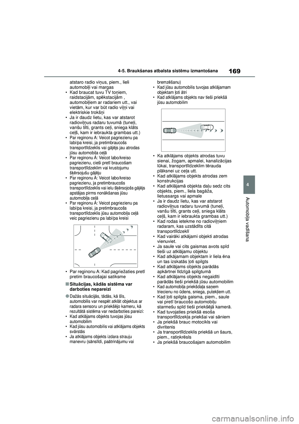 TOYOTA GR YARIS 2020 Lietošanas Instrukcija (in Latvian) 169
4
YARIS(GR) Owners Manual_Europe_M52L09_LV
4-5. Braukšanas atbalsta sistēmu izmantošana
Automobi ļa vadī šana
atstaro radio vi ņus, piem., lieli
automobi ļi vai margas
• Kad braucat tu TOYOTA GR YARIS 2020 Lietošanas Instrukcija (in Latvian) 169
4
YARIS(GR) Owners Manual_Europe_M52L09_LV
4-5. Braukšanas atbalsta sistēmu izmantošana
Automobi ļa vadī šana
atstaro radio vi ņus, piem., lieli
automobi ļi vai margas
• Kad braucat tu
