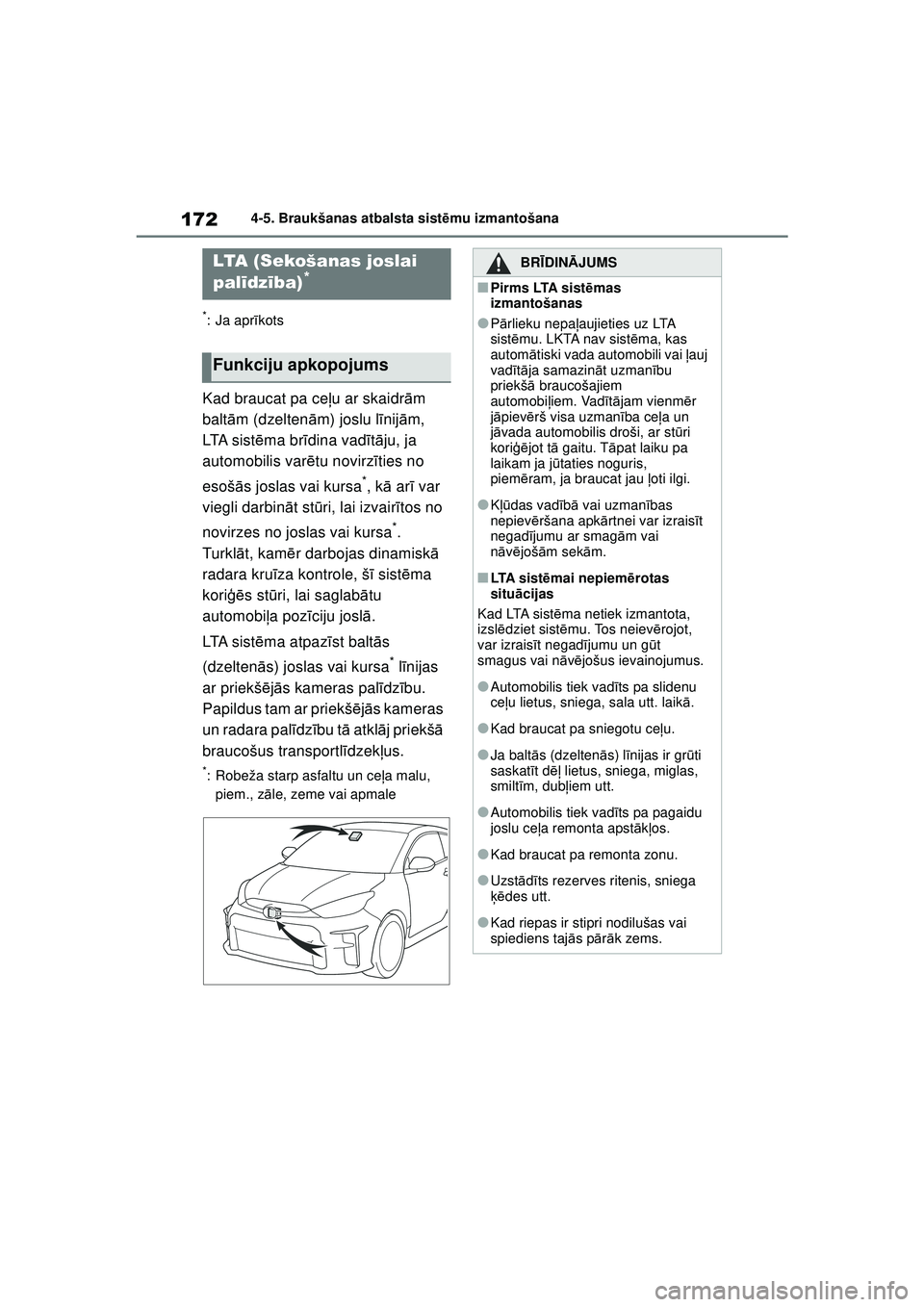 TOYOTA GR YARIS 2020 Lietošanas Instrukcija (in Latvian) 172
YARIS(GR) Owners Manual_Europe_M52L09_LV
4-5. Braukšanas atbalsta sistēmu izmantošana
*: Ja apr īkots
Kad braucat pa ce ļu ar skaidr ām
balt ām (dzelten ām) joslu l īnij ām,
LTA sist TOYOTA GR YARIS 2020 Lietošanas Instrukcija (in Latvian) 172
YARIS(GR) Owners Manual_Europe_M52L09_LV
4-5. Braukšanas atbalsta sistēmu izmantošana
*: Ja apr īkots
Kad braucat pa ce ļu ar skaidr ām
balt ām (dzelten ām) joslu l īnij ām,
LTA sist