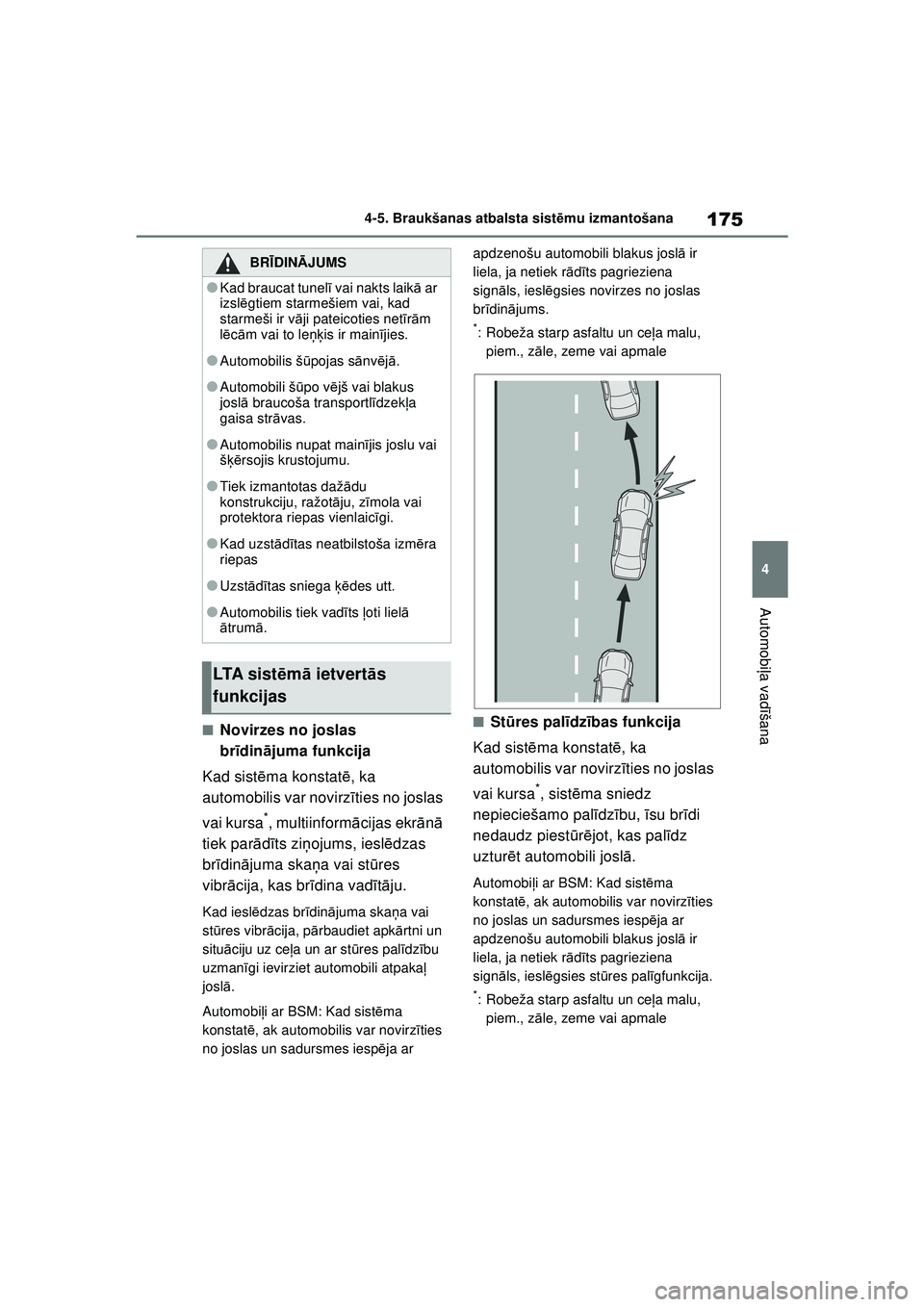 TOYOTA GR YARIS 2020 Lietošanas Instrukcija (in Latvian) 175
4
YARIS(GR) Owners Manual_Europe_M52L09_LV
4-5. Braukšanas atbalsta sistēmu izmantošana
Automobi ļa vadī šana
■Novirzes no joslas
brīdinā juma funkcija
Kad sist ēma konstat ē, ka
au TOYOTA GR YARIS 2020 Lietošanas Instrukcija (in Latvian) 175
4
YARIS(GR) Owners Manual_Europe_M52L09_LV
4-5. Braukšanas atbalsta sistēmu izmantošana
Automobi ļa vadī šana
■Novirzes no joslas
brīdinā juma funkcija
Kad sist ēma konstat ē, ka
au