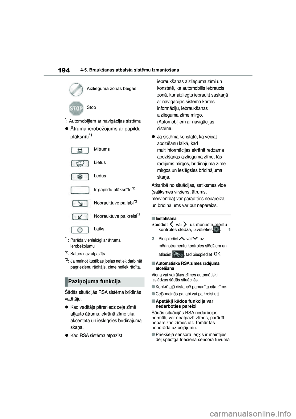 TOYOTA GR YARIS 2020 Lietošanas Instrukcija (in Latvian) 194
YARIS(GR) Owners Manual_Europe_M52L09_LV
4-5. Braukšanas atbalsta sistēmu izmantošana
*: Automobi ļiem ar navigā cijas sistēmu
Ātruma ierobežojums ar papildu
pl āksn īti
*1
*1:Par TOYOTA GR YARIS 2020 Lietošanas Instrukcija (in Latvian) 194
YARIS(GR) Owners Manual_Europe_M52L09_LV
4-5. Braukšanas atbalsta sistēmu izmantošana
*: Automobi ļiem ar navigā cijas sistēmu
Ātruma ierobežojums ar papildu
pl āksn īti
*1
*1:Par