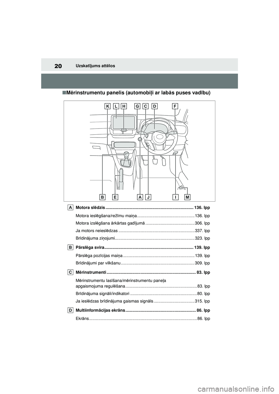 TOYOTA GR YARIS 2020 Lietošanas Instrukcija (in Latvian) 20
YARIS(GR) Owners Manual_Europe_M52L09_LV
Uzskatījums att ēlos
■ M ērinstrumentu panelis (automobi ļi ar labā s puses vad ību)
Motora sl ēdzis ............................................. TOYOTA GR YARIS 2020 Lietošanas Instrukcija (in Latvian) 20
YARIS(GR) Owners Manual_Europe_M52L09_LV
Uzskatījums att ēlos
■ M ērinstrumentu panelis (automobi ļi ar labā s puses vad ību)
Motora sl ēdzis .............................................