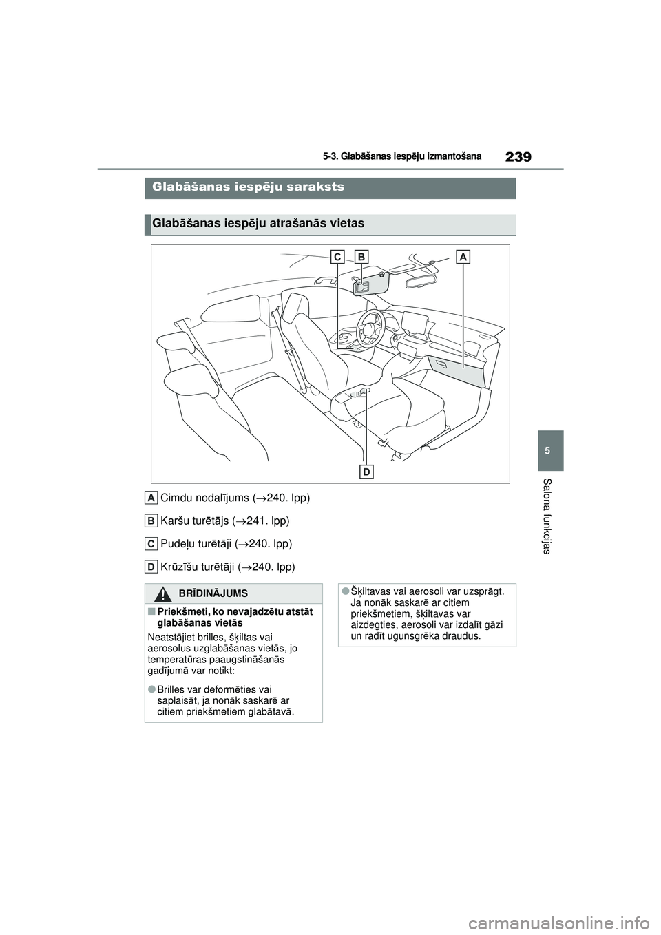 TOYOTA GR YARIS 2020  Lietošanas Instrukcija (in Latvian) 239
5
YARIS(GR) Owners Manual_Europe_M52L09_LV
5-3. Glabāšanas iesp ēju izmantošana
Salona funkcijas
5-3.Glab āšanas iesp ēju i zma ntoša na
Cimdu nodal ījums ( 240. lpp)
Karšu tur ētā