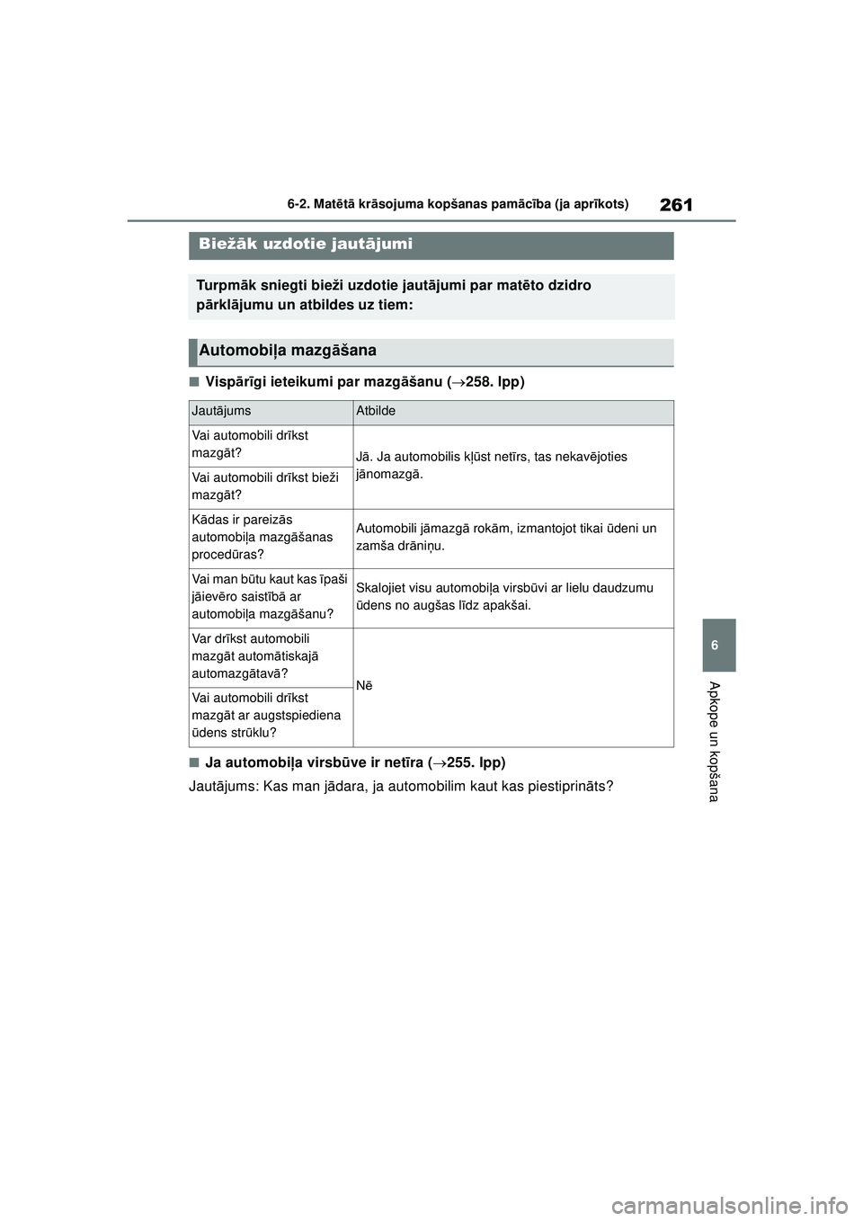 TOYOTA GR YARIS 2020  Lietošanas Instrukcija (in Latvian) 261
6
YARIS(GR) Owners Manual_Europe_M52L09_LV
6-2. Matētā  kr āsojuma kopšanas pam ācība (ja apr īkots)
Apkope un kopšana
■Visp ārīgi ieteikumi par mazg āšanu ( 258. lpp)
■Ja auto