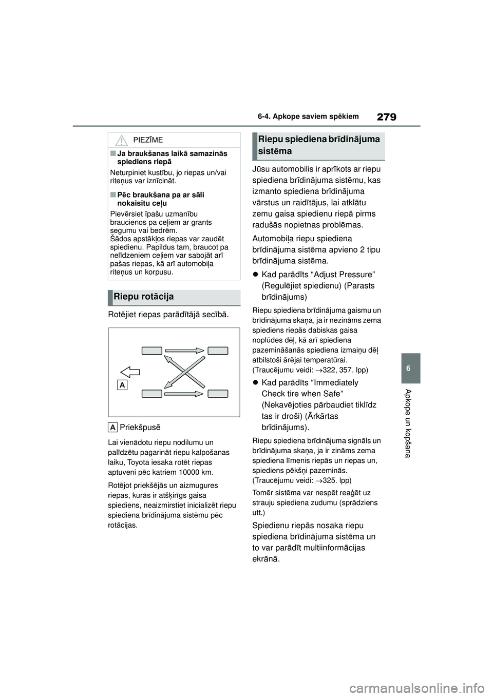 TOYOTA GR YARIS 2020  Lietošanas Instrukcija (in Latvian) 279
6
YARIS(GR) Owners Manual_Europe_M52L09_LV
6-4. Apkope saviem spēkiem
Apkope un kopšana
Rot ējiet riepas par ādītā jā  secī bā.
Priekšpus ē
Lai vienādotu riepu nodilumu un 
pal īdz 