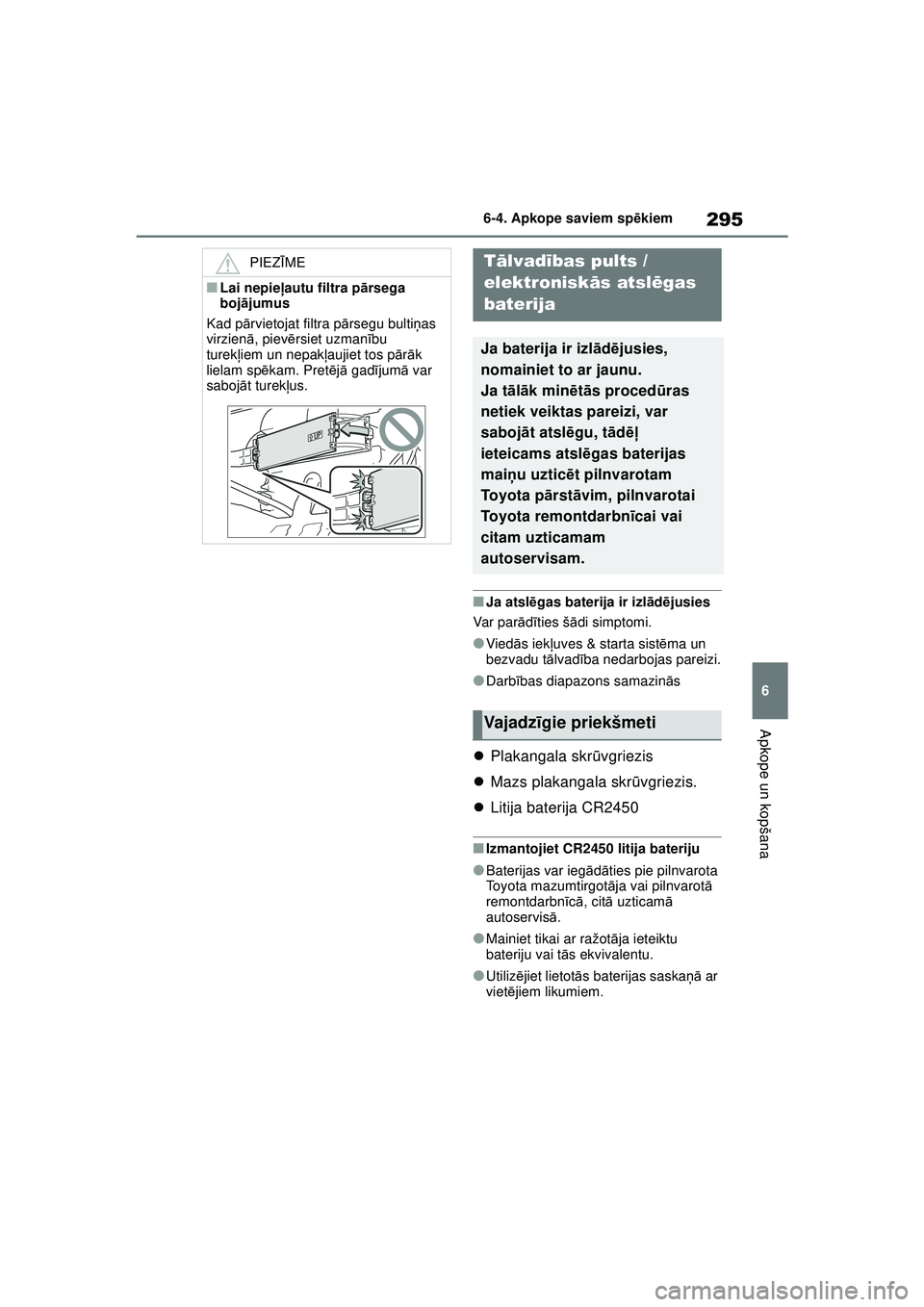 TOYOTA GR YARIS 2020  Lietošanas Instrukcija (in Latvian) 295
6
YARIS(GR) Owners Manual_Europe_M52L09_LV
6-4. Apkope saviem spēkiem
Apkope un kopšana
■Ja atsl ēgas baterija ir izl ād ējusies
Var par ādīties š ādi simptomi.
●Vied ās iekļ uves 