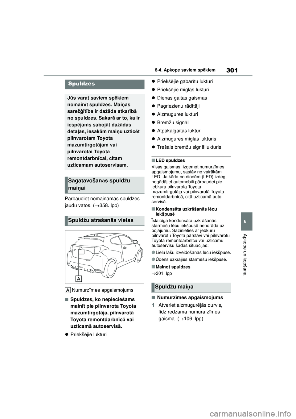 TOYOTA GR YARIS 2020  Lietošanas Instrukcija (in Latvian) 301
6
YARIS(GR) Owners Manual_Europe_M52L09_LV
6-4. Apkope saviem spēkiem
Apkope un kopšana
P ārbaudiet nomain ām ās spuldzes 
jaudu vatos. ( 358. lpp)
Numurz īmes apgaismojums
■Spuldzes, 