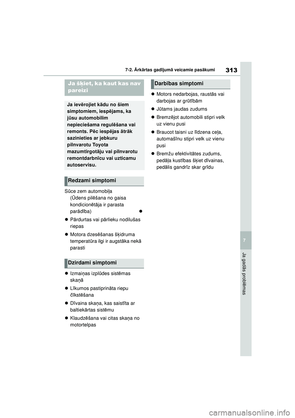 TOYOTA GR YARIS 2020  Lietošanas Instrukcija (in Latvian) 313
7
YARIS(GR) Owners Manual_Europe_M52L09_LV
7-2. Ārk ārtas gad ījum ā veicamie pas ākumi
Ja gad ās probl ēmas
S ūce zem automobi ļa
( Ū dens pil ēšana no gaisa 
kondicion ētā ja ir p