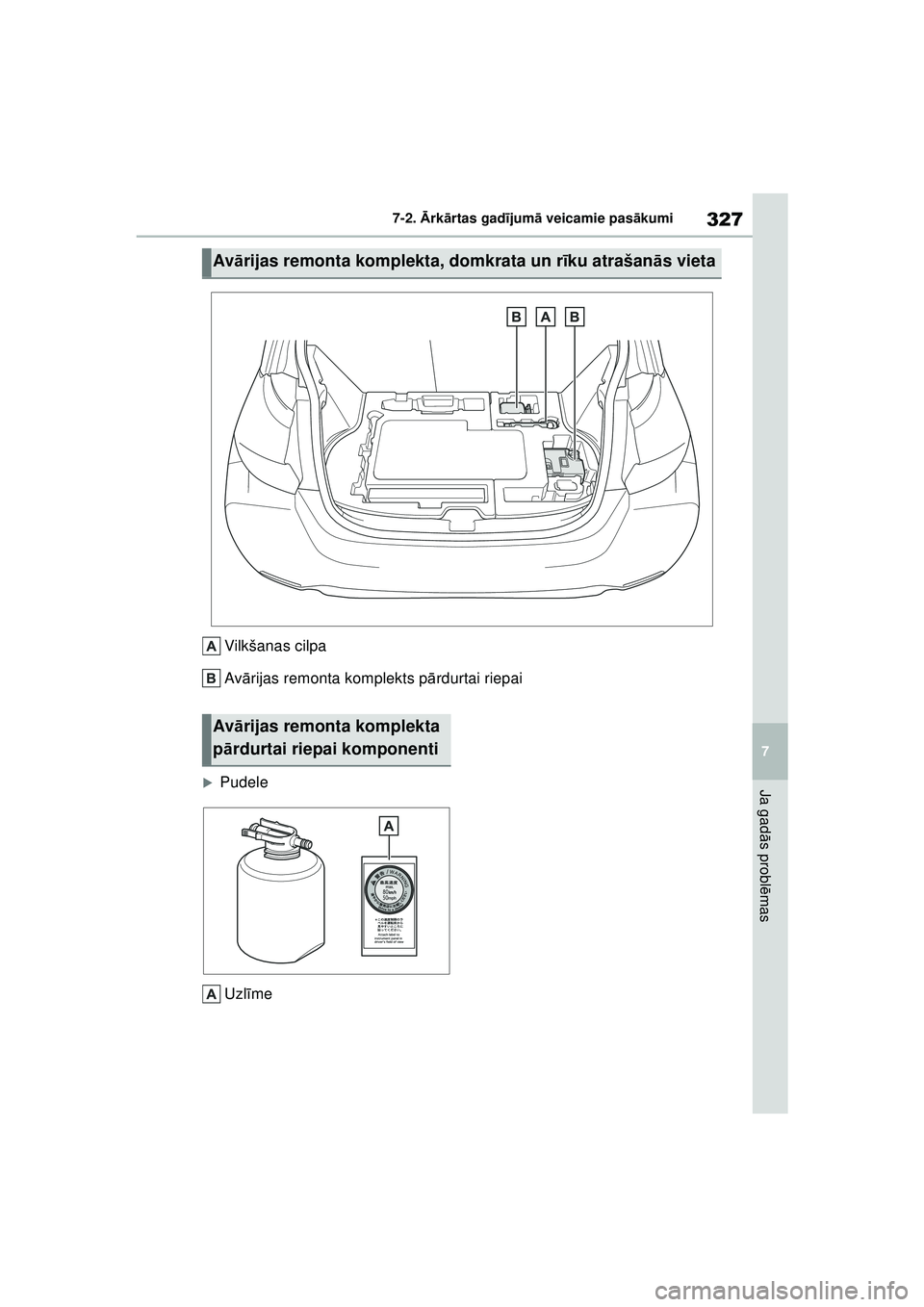 TOYOTA GR YARIS 2020  Lietošanas Instrukcija (in Latvian) 327
7
YARIS(GR) Owners Manual_Europe_M52L09_LV
7-2. Ārk ārtas gad ījum ā veicamie pas ākumi
Ja gad ās probl ēmas
Vilkšanas cilpa
Av ārijas remonta komplekts p ārdurtai riepai
�XPudele
Uzl 