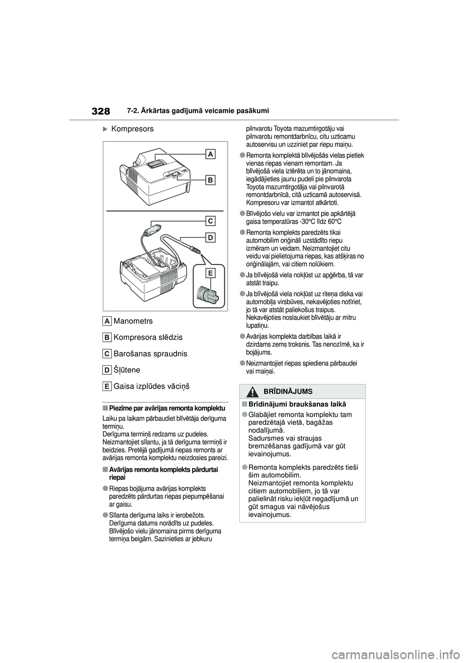 TOYOTA GR YARIS 2020  Lietošanas Instrukcija (in Latvian) 328
YARIS(GR) Owners Manual_Europe_M52L09_LV
7-2. Ārk ārtas gad ījum ā veicamie pas ākumi
�XKompresors
Manometrs
Kompresora sl ēdzis
Barošanas spraudnis
Š ļū tene
Gaisa izpl ūdes v āci ņ