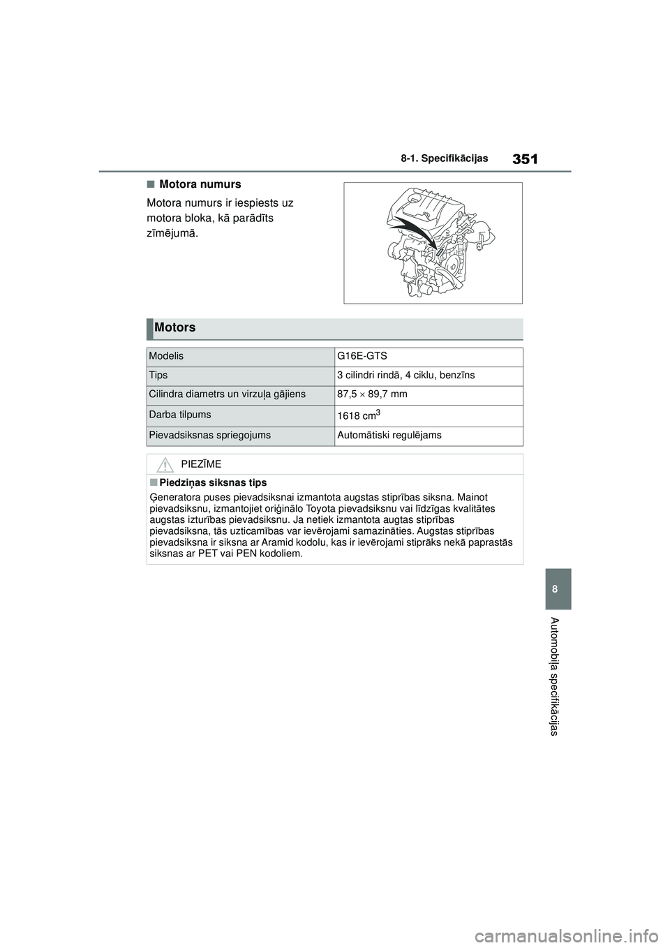 TOYOTA GR YARIS 2020  Lietošanas Instrukcija (in Latvian) 351
8
YARIS(GR) Owners Manual_Europe_M52L09_LV
8-1. Specifikācijas
Automobiļa specifik ācijas
■Motora numurs
Motora numurs ir iespiests uz 
motora bloka, k ā par ādīts 
z īm ējum ā.
Motors