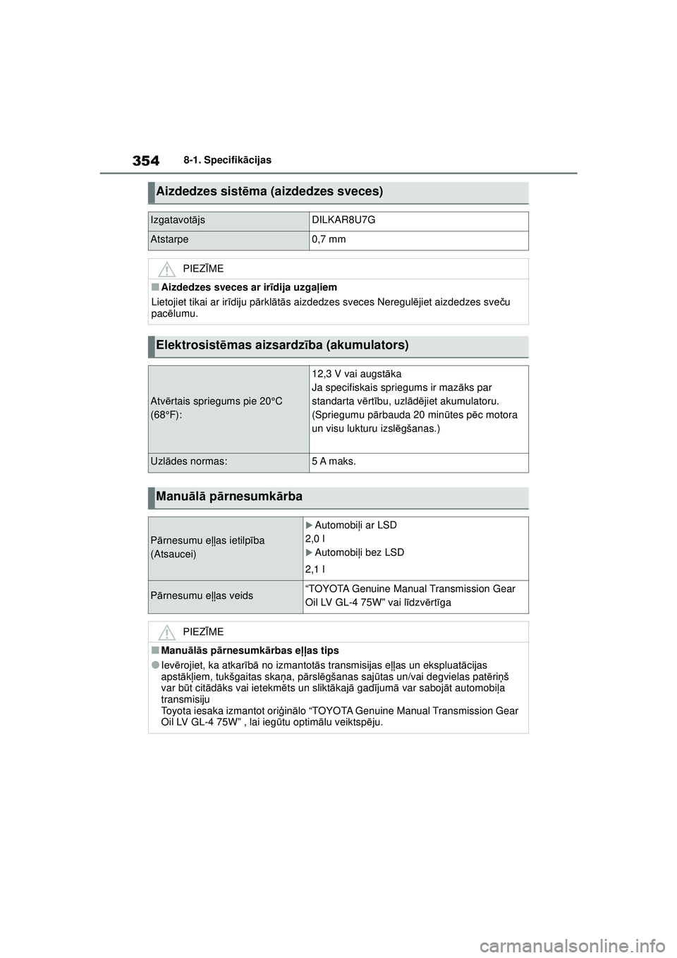 TOYOTA GR YARIS 2020  Lietošanas Instrukcija (in Latvian) 354
YARIS(GR) Owners Manual_Europe_M52L09_LV
8-1. Specifikācijas
Aizdedzes sist ēma (aizdedzes sveces)
IzgatavotājsDILKAR8U7G
Atstarpe0,7 mm
PIEZ ĪME
■Aizdedzes sveces ar ir īdija uzga ļiem
L