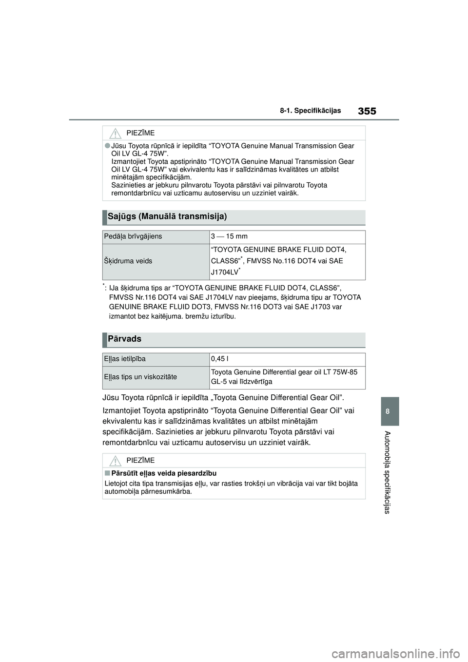 TOYOTA GR YARIS 2020  Lietošanas Instrukcija (in Latvian) 355
8
YARIS(GR) Owners Manual_Europe_M52L09_LV
8-1. Specifikācijas
Automobiļa specifik ācijas
*:IJa š ķidruma tips ar “TOYOTA GENUINE BRAKE FLUID DOT4, CLASS6”, 
FMVSS Nr.116 DOT4 vai SAE J1