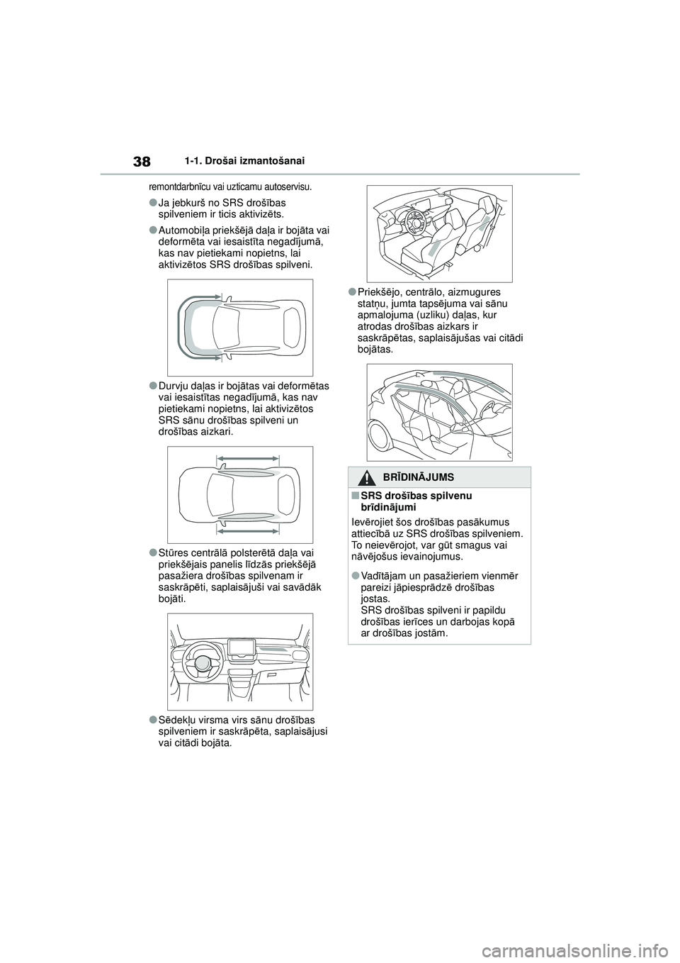 TOYOTA GR YARIS 2020  Lietošanas Instrukcija (in Latvian) 38
YARIS(GR) Owners Manual_Europe_M52L09_LV
1-1. Drošai izmantošanai
remontdarbnīcu vai uzticamu autoservisu.
●Ja jebkurš no SRS droš ības 
spilveniem ir ticis aktivizē ts.
●Automobiļa pr