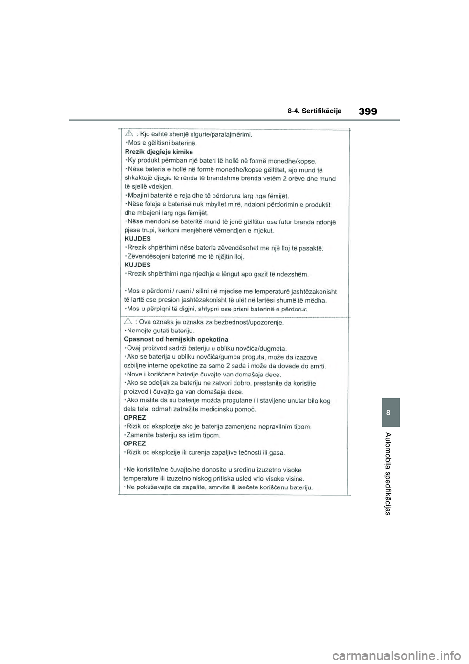 TOYOTA GR YARIS 2020  Lietošanas Instrukcija (in Latvian) 399
8
YARIS(GR) Owners Manual_Europe_M52L09_LV
8-4. Sertifikācija
Automobi ļa specifik ācijas
YARIS_GR_OM_Europe_OM52L09LV.book  Page 399  Sunday, December 20, 2020  2:04 PM 
