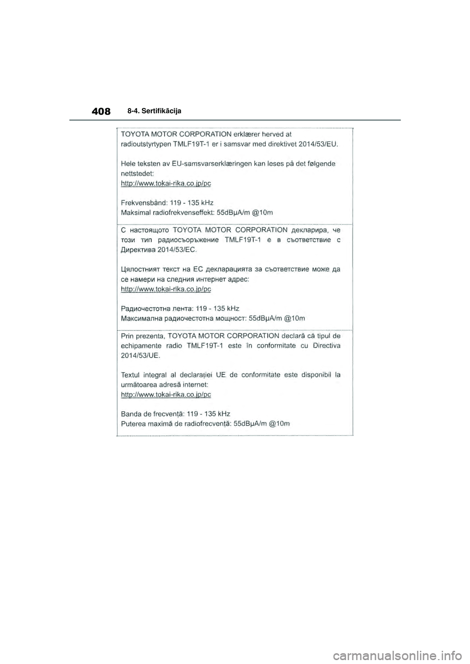 TOYOTA GR YARIS 2020  Lietošanas Instrukcija (in Latvian) 408
YARIS(GR) Owners Manual_Europe_M52L09_LV
8-4. Sertifikācija
YARIS_GR_OM_Europe_OM52L09LV.book  Page 408  Sunday, December 20, 2020  2:04 PM 