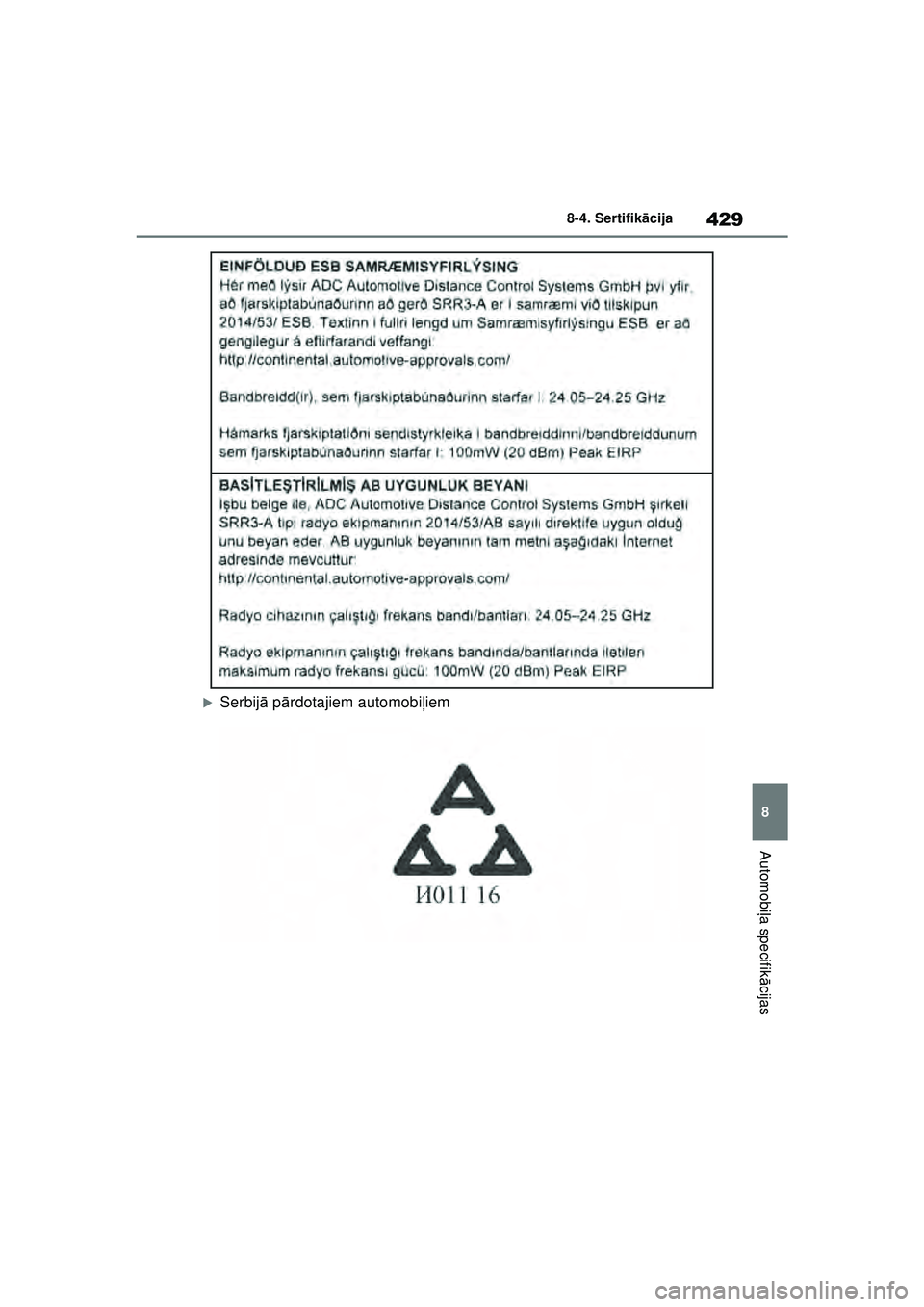 TOYOTA GR YARIS 2020  Lietošanas Instrukcija (in Latvian) 429
8
YARIS(GR) Owners Manual_Europe_M52L09_LV
8-4. Sertifikācija
Automobi ļa specifik ācijas
�XSerbij ā p ārdotajiem automobi ļiem
YARIS_GR_OM_Europe_OM52L09LV.book  Page 429  Sunday, December
