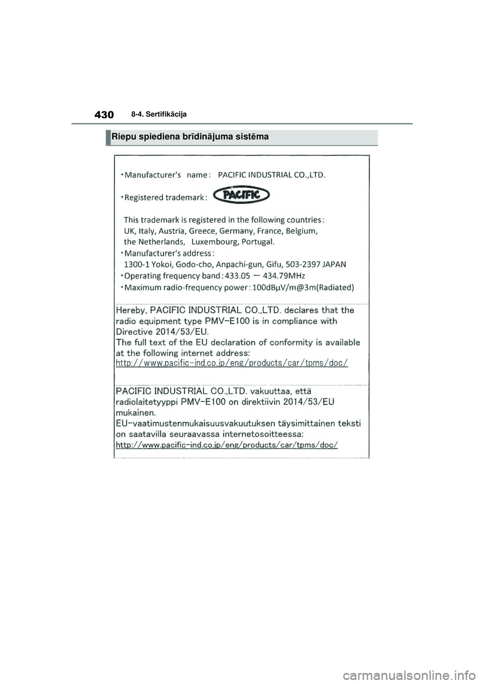 TOYOTA GR YARIS 2020  Lietošanas Instrukcija (in Latvian) 430
YARIS(GR) Owners Manual_Europe_M52L09_LV
8-4. Sertifikācija
Riepu spiediena br īdin ājuma sist ēma
YARIS_GR_OM_Europe_OM52L09LV.book  Page 430  Sunday, December 20, 2020  2:04 PM 
