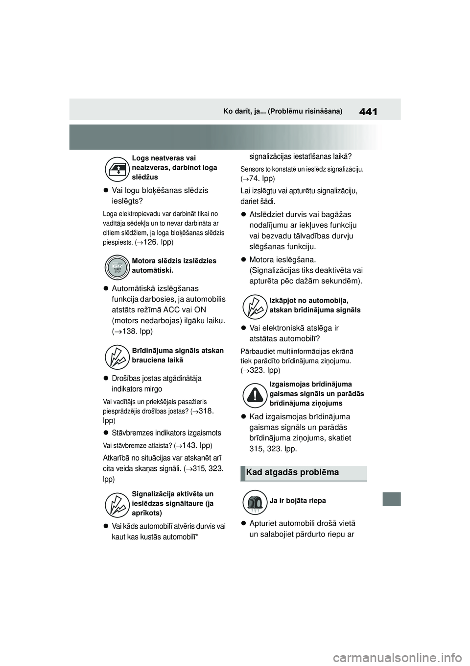 TOYOTA GR YARIS 2020 Lietošanas Instrukcija (in Latvian) 441
YARIS(GR) Owners Manual_Europe_M52L09_LV
Ko darīt, ja... (Probl ēmu risin āšana)
Vai logu blo ķēšanas sl ēdzis
iesl ēgts?
Loga elektropievadu var darbin āt tikai no
vad ītā ja s TOYOTA GR YARIS 2020 Lietošanas Instrukcija (in Latvian) 441
YARIS(GR) Owners Manual_Europe_M52L09_LV
Ko darīt, ja... (Probl ēmu risin āšana)
Vai logu blo ķēšanas sl ēdzis
iesl ēgts?
Loga elektropievadu var darbin āt tikai no
vad ītā ja s