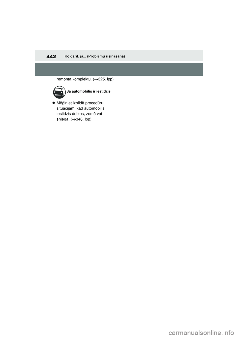 TOYOTA GR YARIS 2020  Lietošanas Instrukcija (in Latvian) 442
YARIS(GR) Owners Manual_Europe_M52L09_LV
Ko darīt, ja... (Probl ēmu risin āšana)
remonta komplektu. ( 325. lpp)
 Mēģiniet izpild īt proced ūru 
situ ācij ām, kad automobilis 
iest