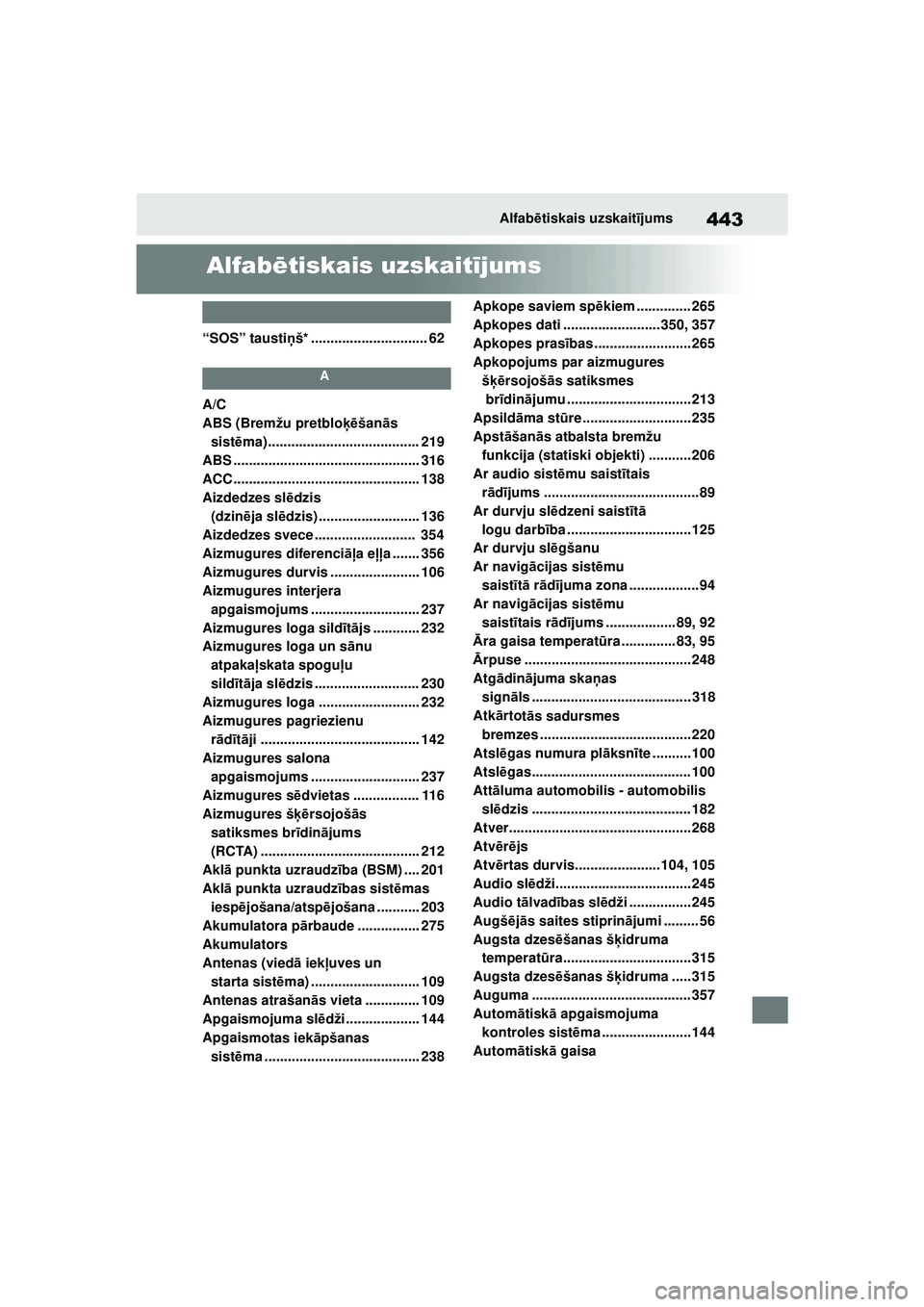TOYOTA GR YARIS 2020  Lietošanas Instrukcija (in Latvian) 443
YARIS(GR) Owners Manual_Europe_M52L09_LV
Alfabētiskais uzskait ījums
Alfab ētiskais uzskait ījums
“SOS” tausti ņš* .............................. 62
A
A/C
ABS (Bremžu pretblo ķēšan