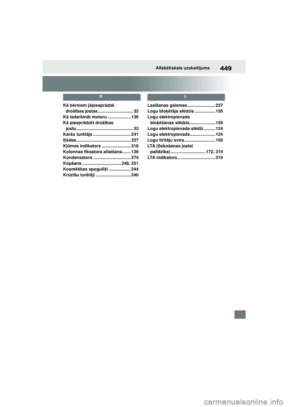 TOYOTA GR YARIS 2020  Lietošanas Instrukcija (in Latvian) 449
YARIS(GR) Owners Manual_Europe_M52L09_LV
Alfabētiskais uzskait ījums
K
K ā b ērniem j āpiespr ādz ē 
droš ības jostas ............................. 32
K ā iedarbin āt motoru ..........