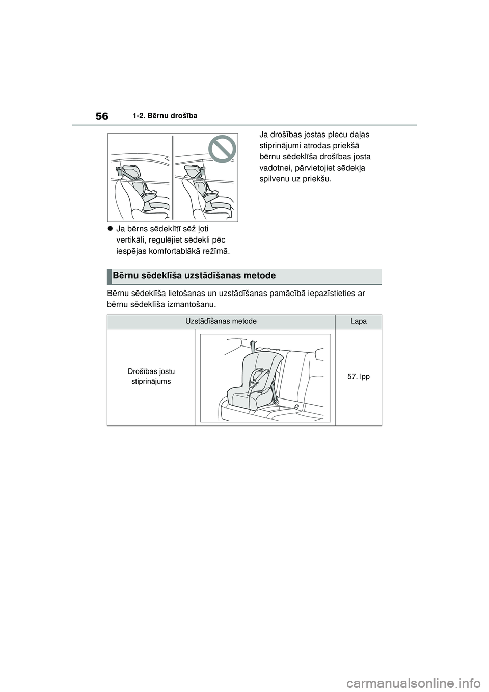 TOYOTA GR YARIS 2020  Lietošanas Instrukcija (in Latvian) 56
YARIS(GR) Owners Manual_Europe_M52L09_LV
1-2. Bērnu drošī ba
Ja b ērns sē deklīt ī s ēž  ļoti 
vertikā li, regulē jiet sēdekli p ēc 
iesp ējas komfortabl ākā  rež īm ā.  Ja 