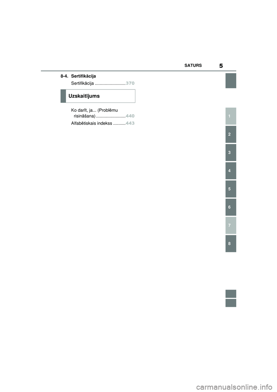TOYOTA GR YARIS 2020  Lietošanas Instrukcija (in Latvian) 5
YARIS(GR) Owners Manual_Europe_M52L09_LV
SATURS
1
6 5
4
3
2
8
7
8-4. Sertifikācija
Sertifik ācija ......................... 370
Ko dar īt, ja... (Problē mu 
risin āšana) .....................